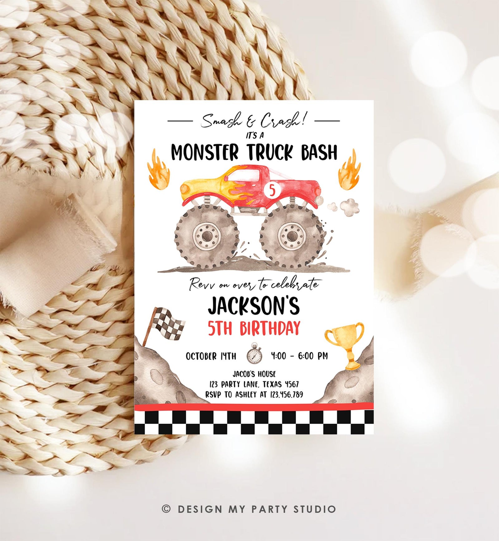Editable Monster Truck Birthday Invitation Smash and Crash Monster Truck Bash Red Revv on Over Boy Digital Download Template Printable 0541