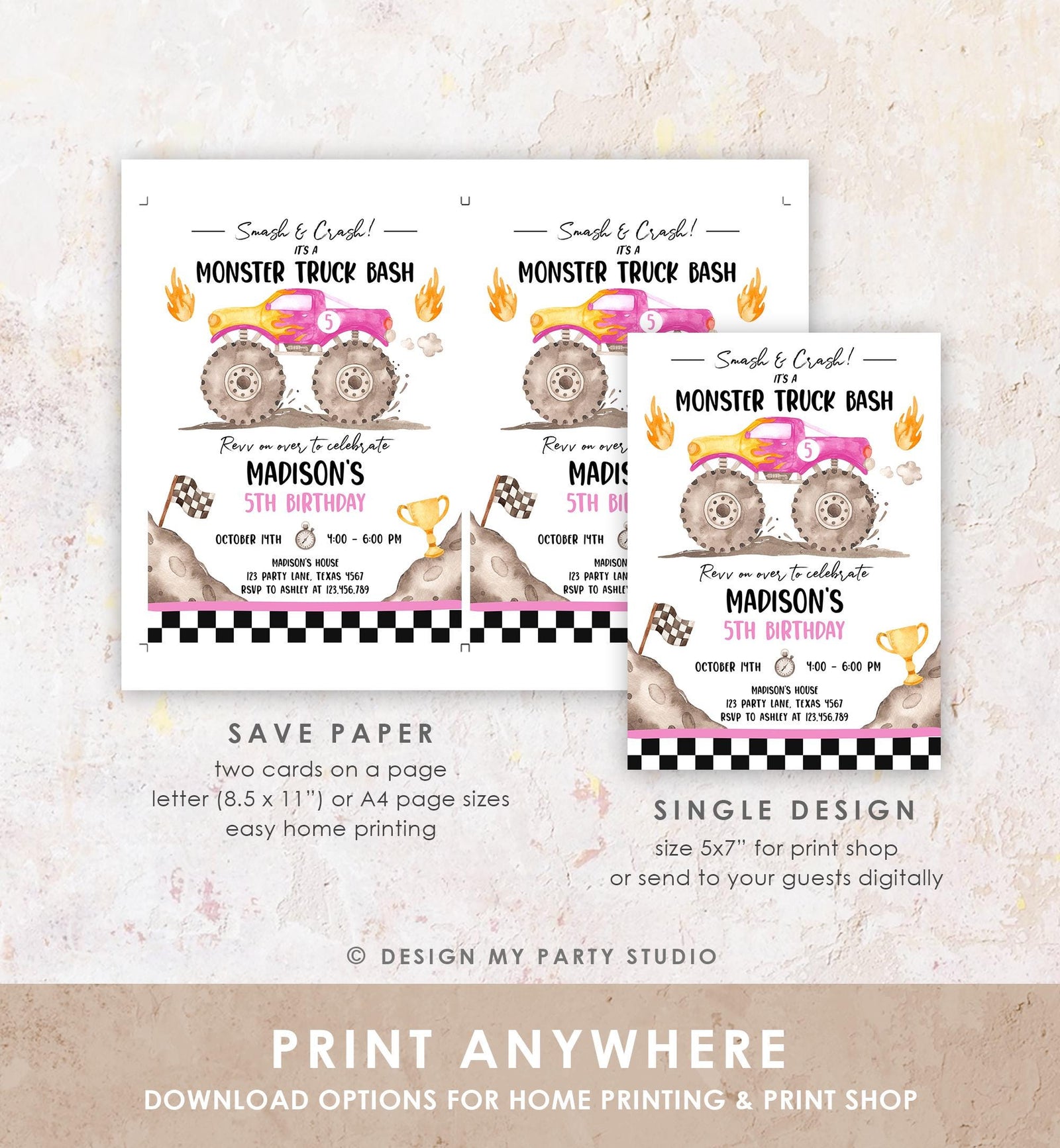 Editable Monster Truck Birthday Invitation Smash and Crash Monster Truck Bash Pink Revv on Over Boy Digital Download Template Printable 0541
