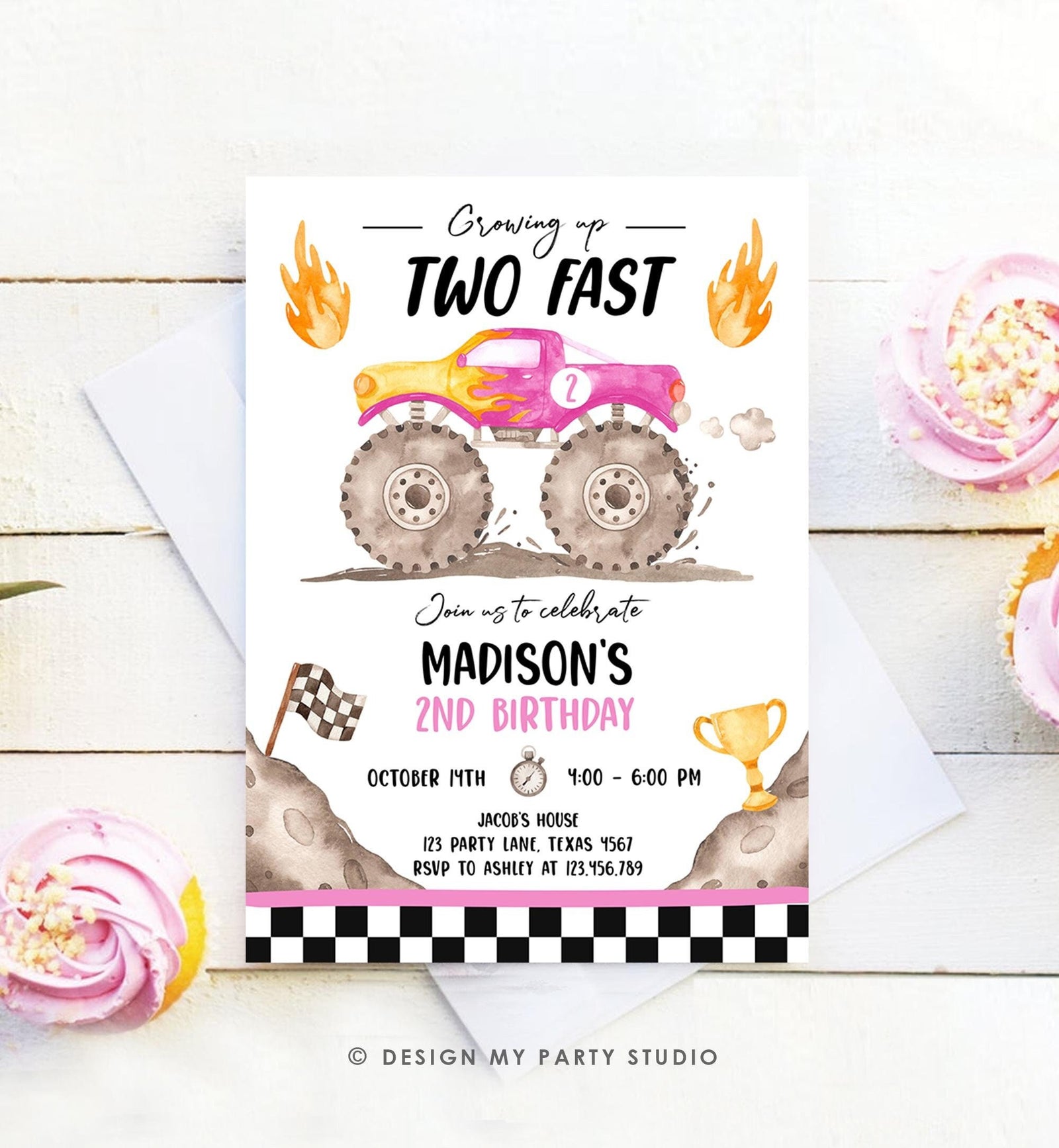 Editable Monster Truck Birthday Invitation Growing Up Two Fast Bash Pink Second Birthday 2nd Girl Digital Download Template Printable 0541