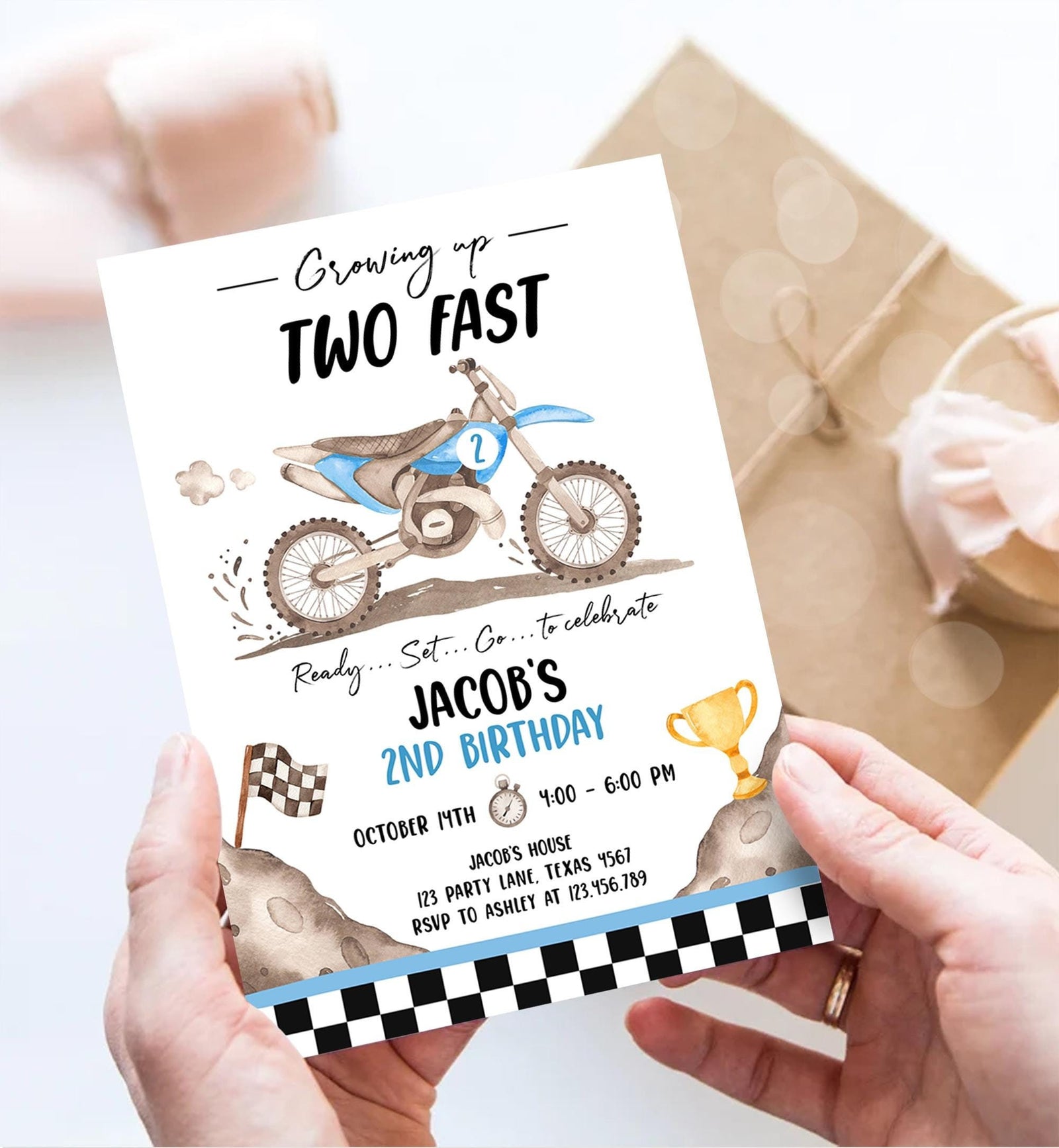 Editable Dirt Bike Birthday Invitation Growing Up Two Fast Motorbike Biking Motor Cross Blue Boy 2nd Second Digital Template Printable 0542