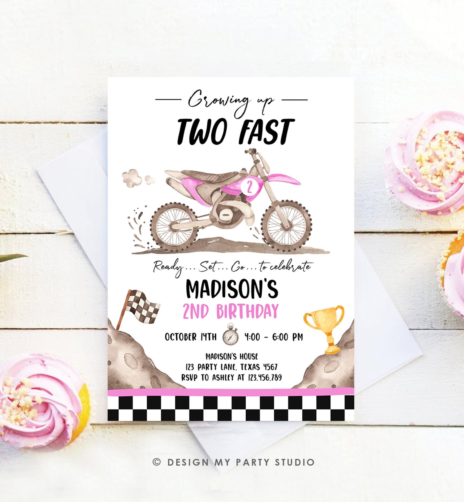 Editable Dirt Bike Birthday Invitation Growing Up Two Fast Motorbike Biking Motor Cross Pink Girl 2nd Second Digital Template Printable 0542