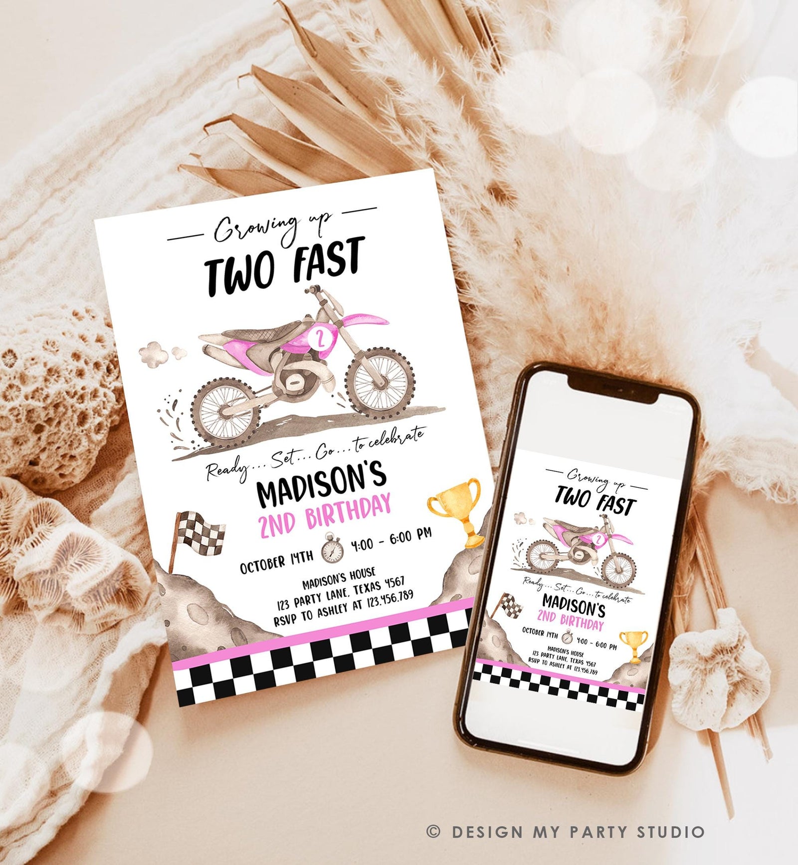 Editable Dirt Bike Birthday Invitation Growing Up Two Fast Motorbike Biking Motor Cross Pink Girl 2nd Second Digital Template Printable 0542