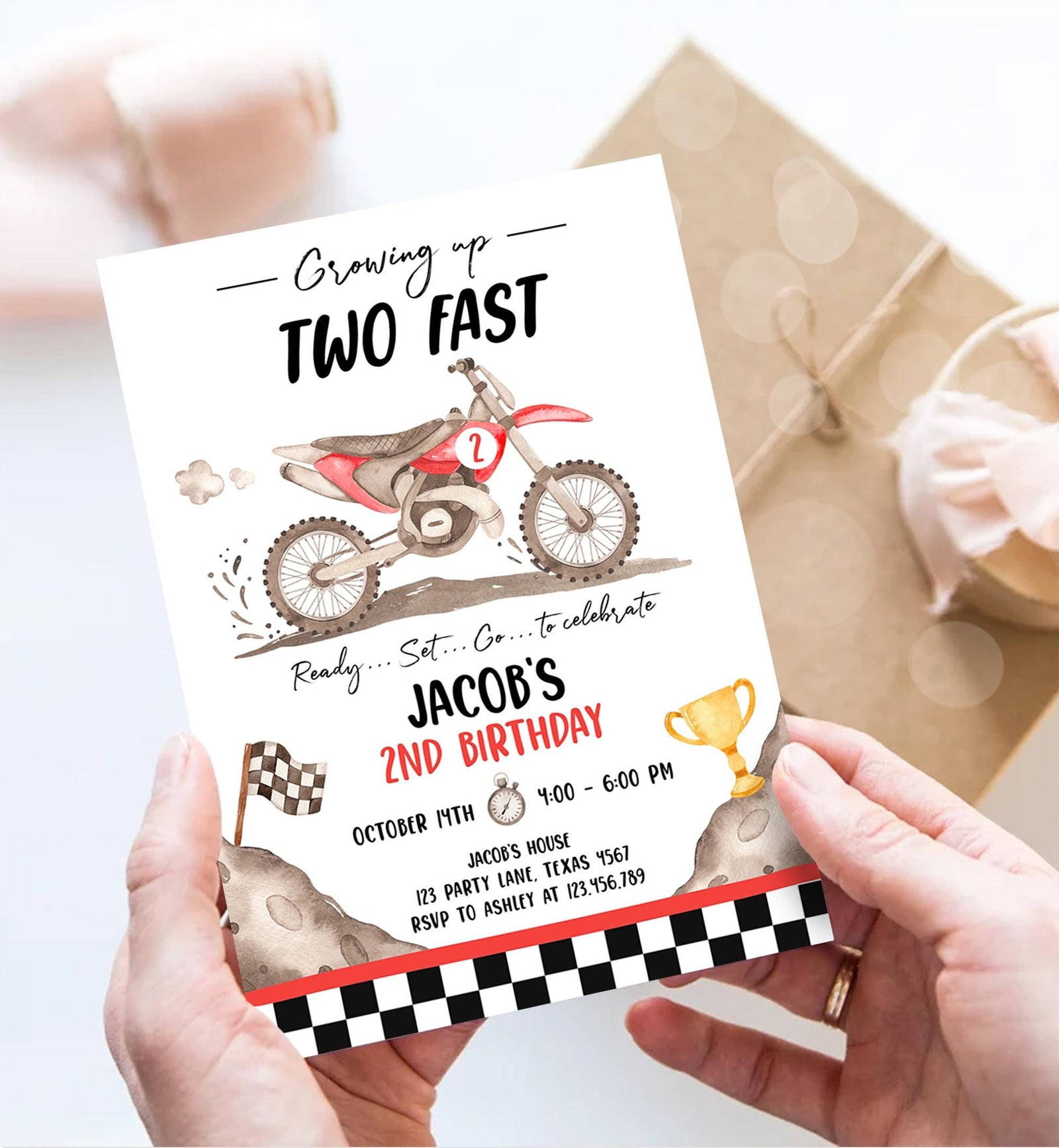 Editable Dirt Bike Birthday Invitation Growing Up Two Fast Motorbike Biking Motor Cross Blue Boy 2nd Second Digital Template Printable 0542