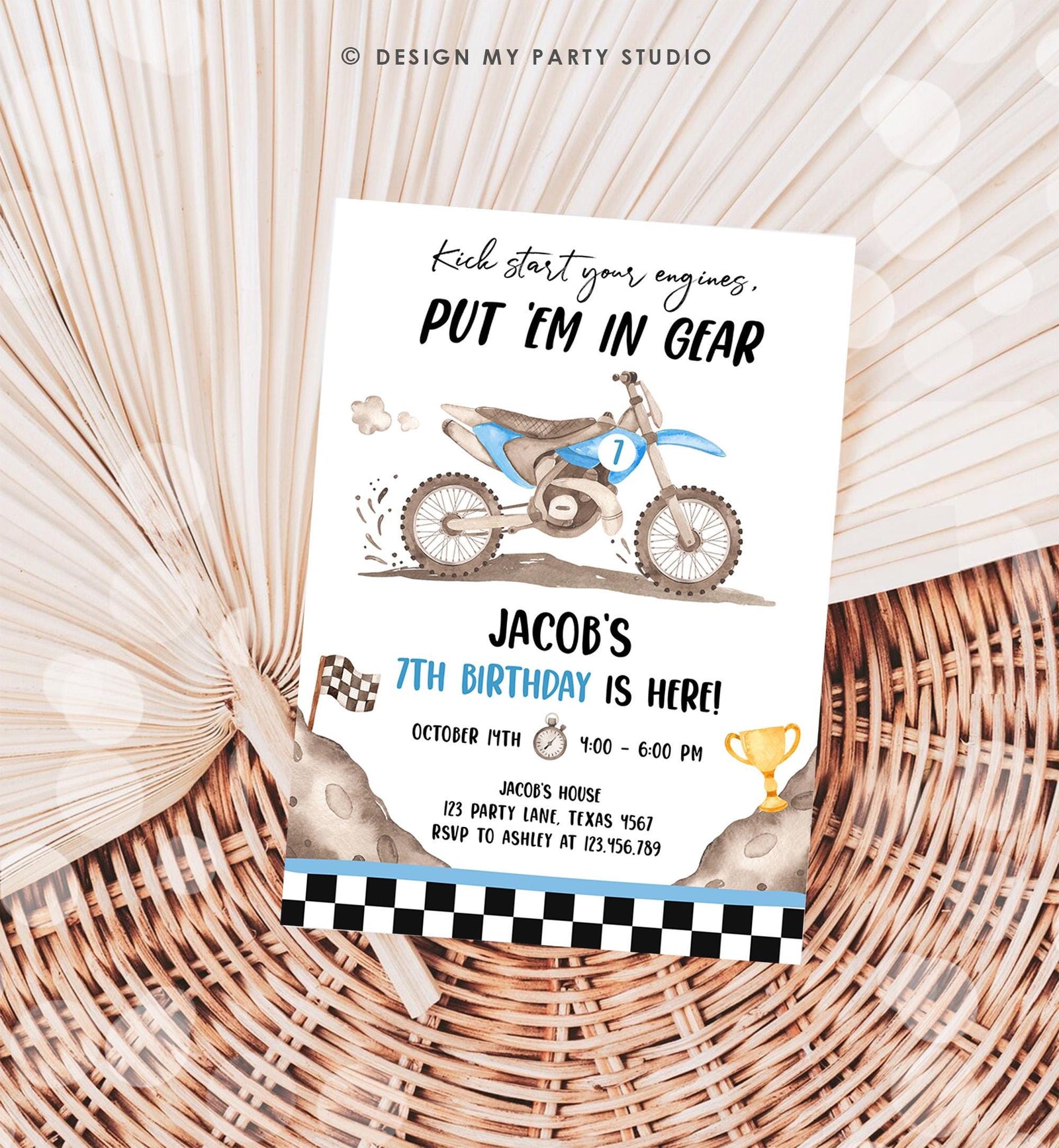 Editable Dirt Bike Birthday Invitation Start Engines Race on Over Motorbike Biking Motor Cross Blue Boy Digital Template Printable 0542