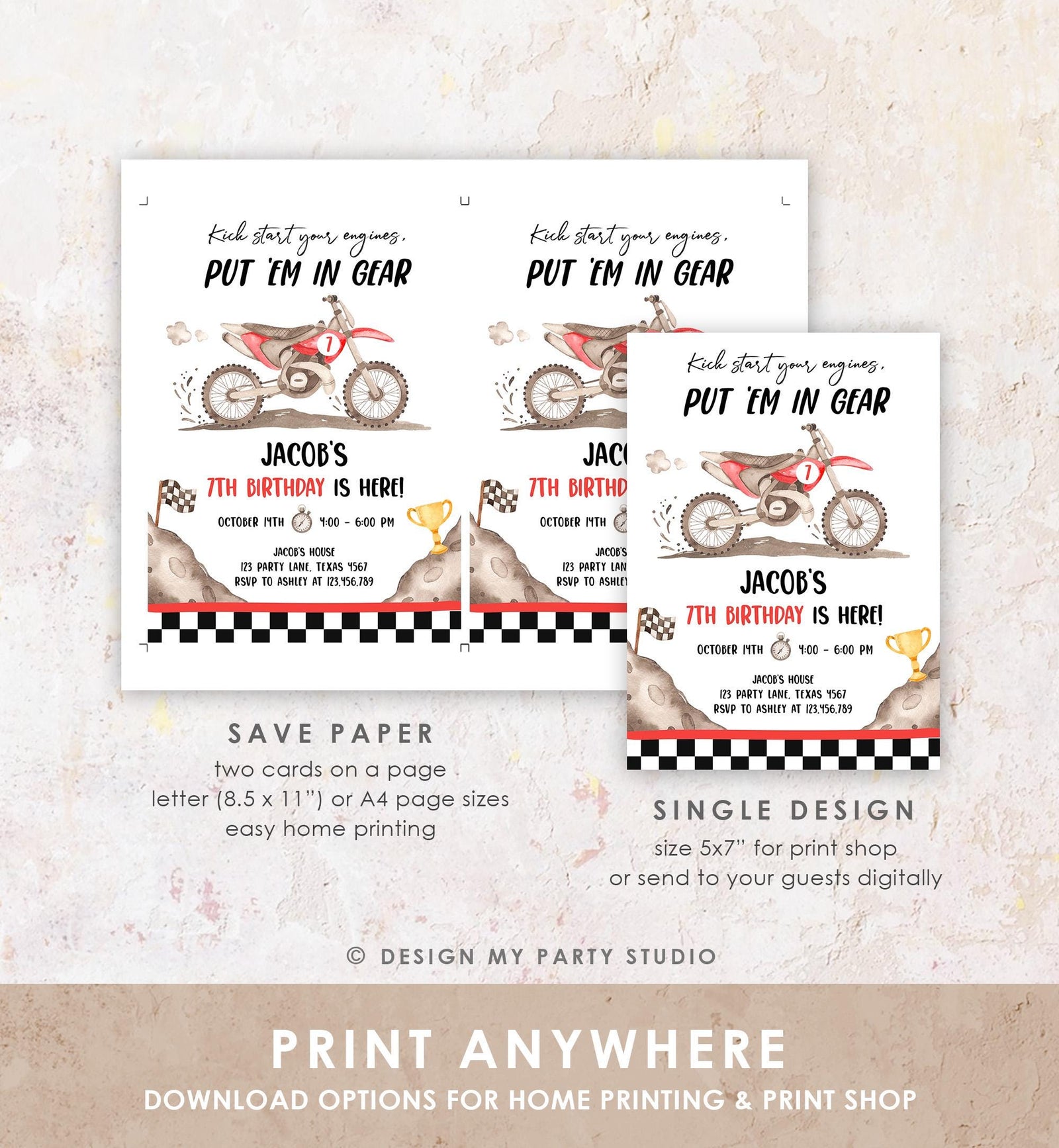 Editable Dirt Bike Birthday Invitation Start Engines Race on Over Motorbike Biking Motor Cross Red Boy Digital Template Printable 0542