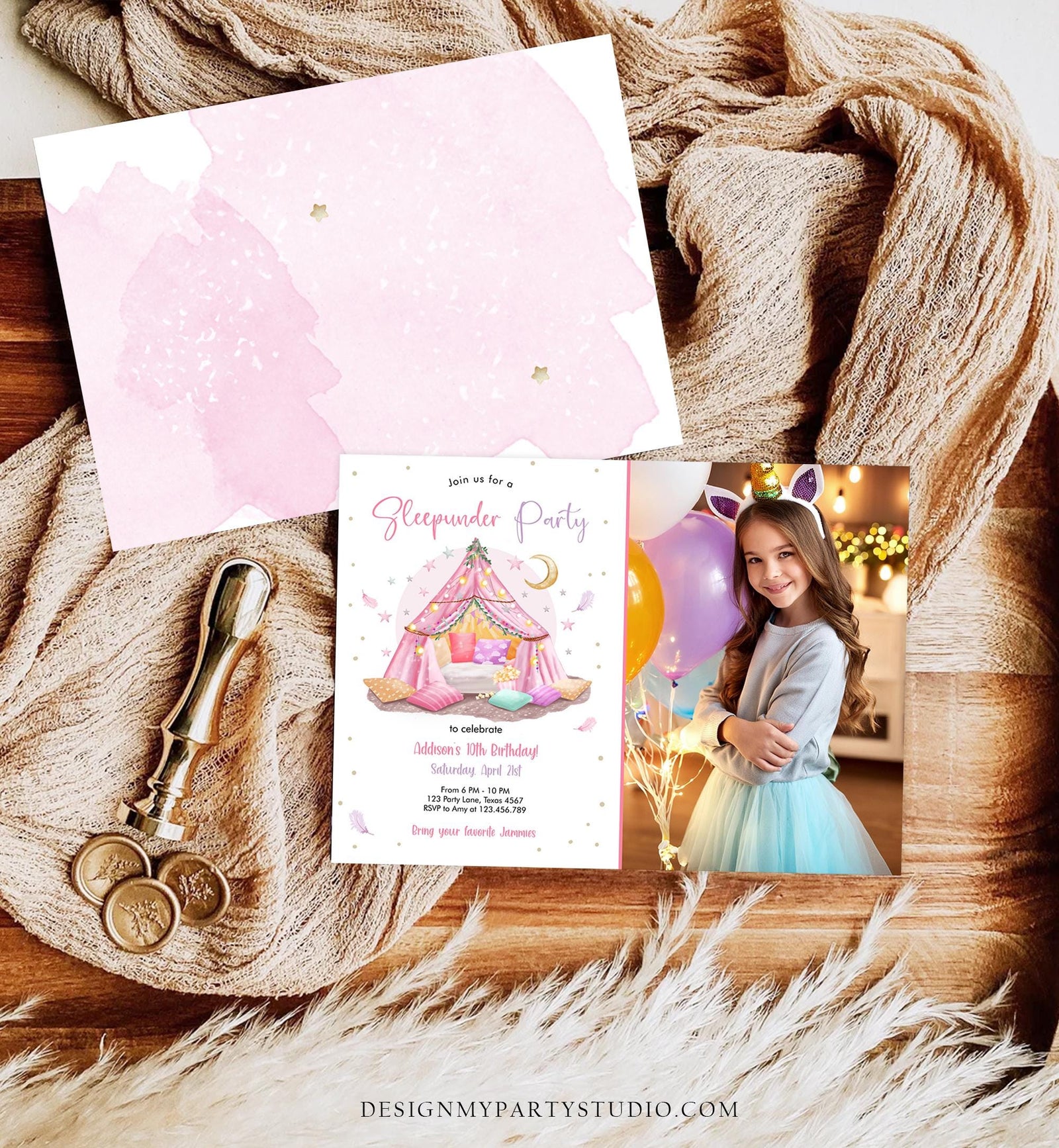 Editable Sleepunder Party Birthday Invitation Slumber Party Invite Pink Spa Tween Teen Glamping Movie Digital Evite Template Printable 0499