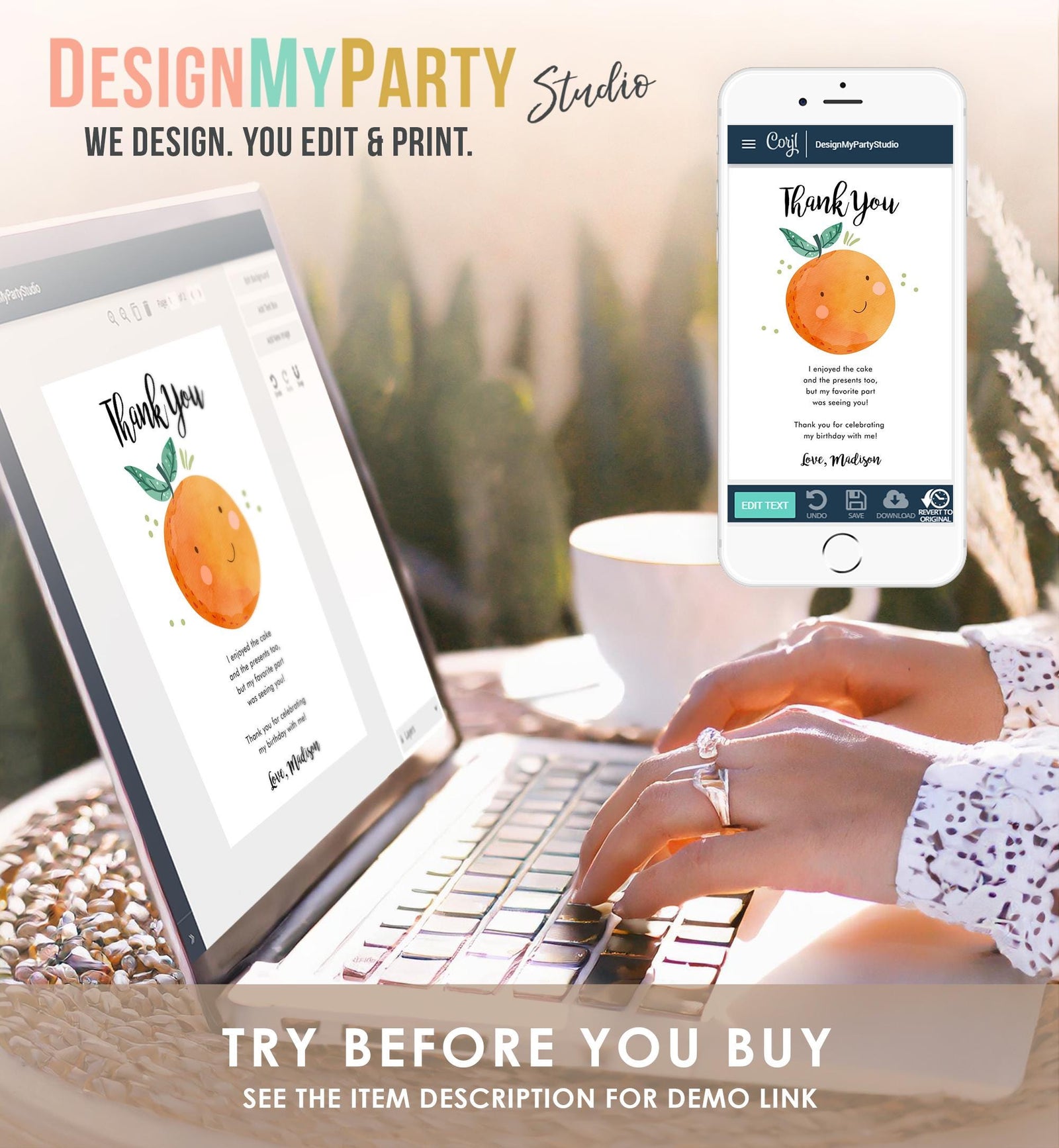 Editable Little Cutie Thank You Card Birthday Baby Shower Clementine Orange Thank You Coed Shower Digital Download Template Printable 0330