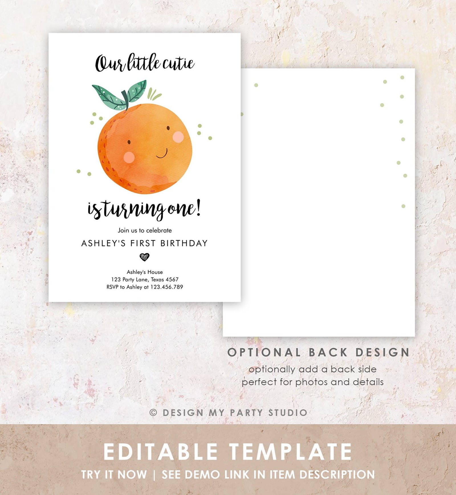 Editable Little Cutie Birthday Invitation Clementine Oranges Party Boy Girl Orange Citrus Digital Download Evite Template Printable 0330