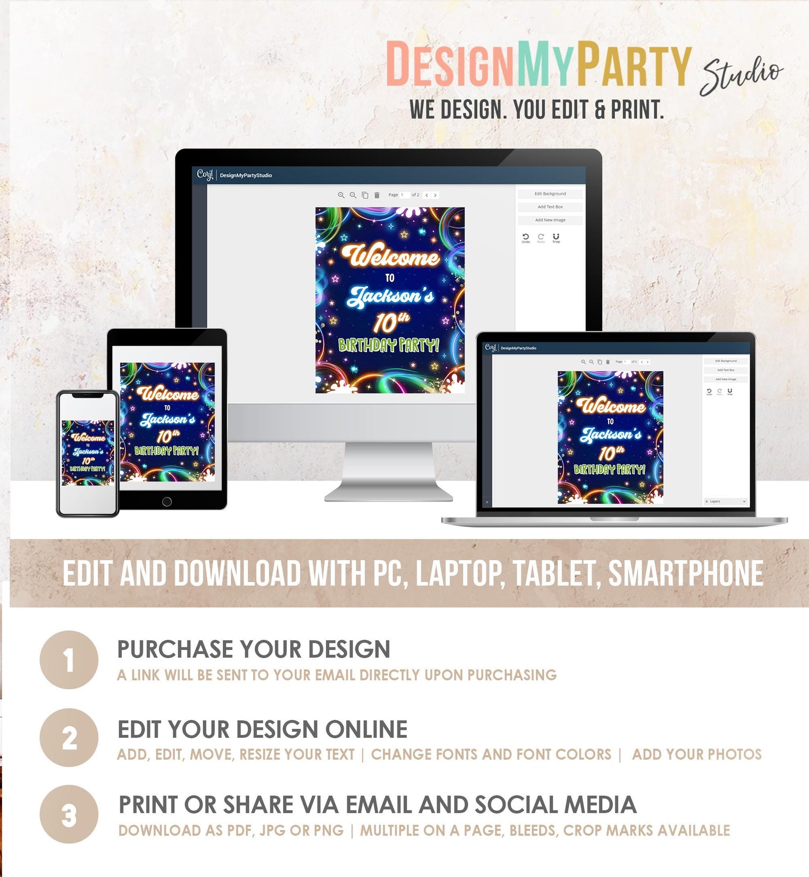 Editable Glow Party Welcome Sign Neon Glow in the Dark Boy Birthday Shower Glow Crazy Floor Decal Digital Download Template Printable 0537