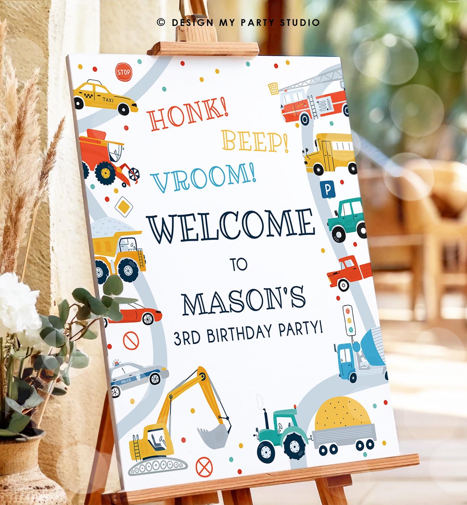 Editable Transportation Birthday Welcome Sign Car Truck Transport Boy Driving Scandinavian Traffic Digital Download Template Printable 0533