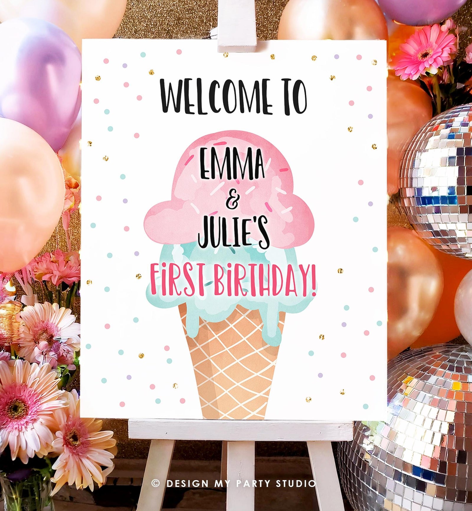 Editable Ice Cream Party Welcome Sign Ice Cream Birthday Twins Twin Siblings Joint Pink Teal Digital Download Template Printable 0243