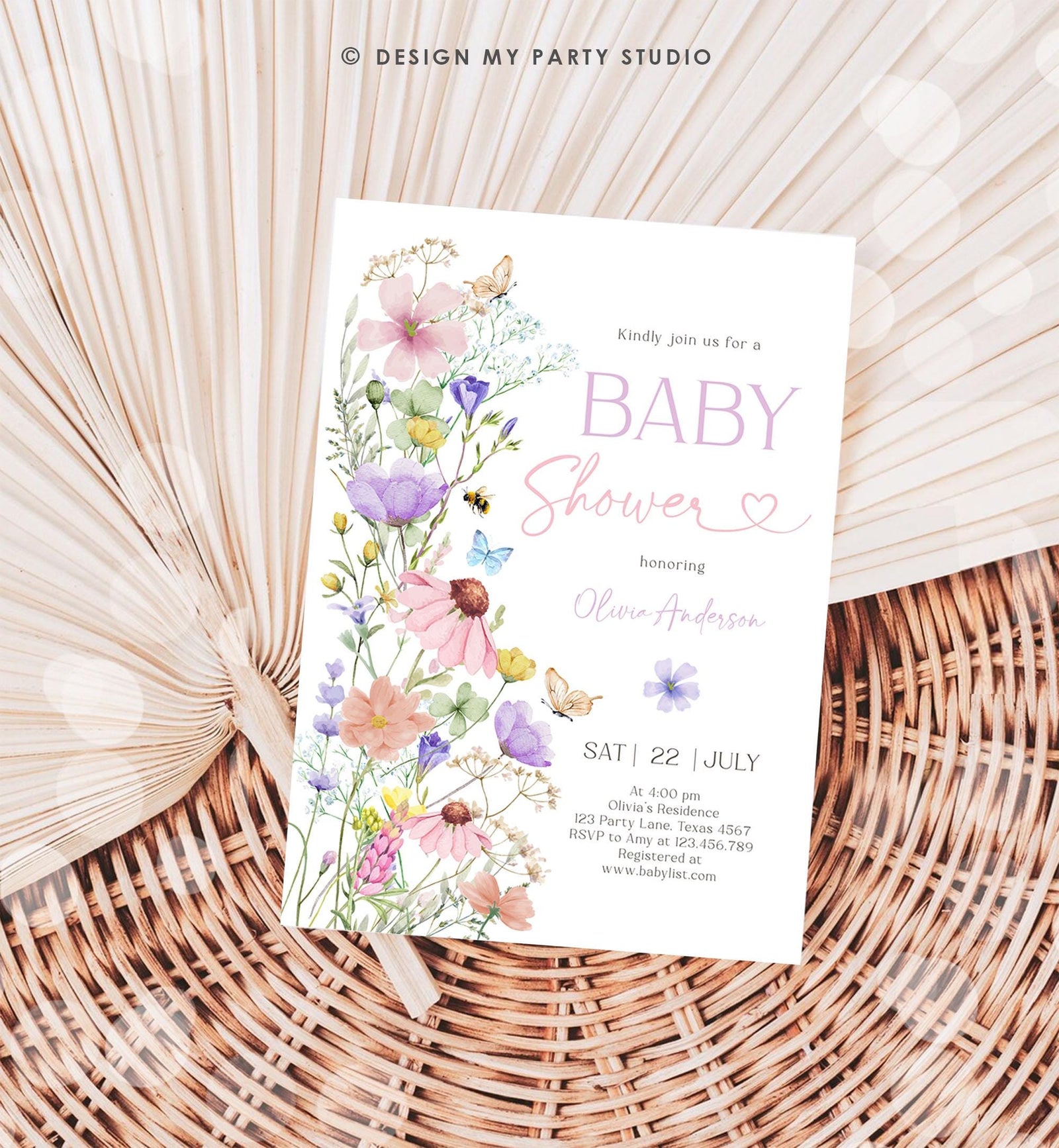 Editable Boho Wildflower Baby Shower Invitation Baby in Bloom Invitation Butterflies Wild Flower Download Template Digital Printable 0543