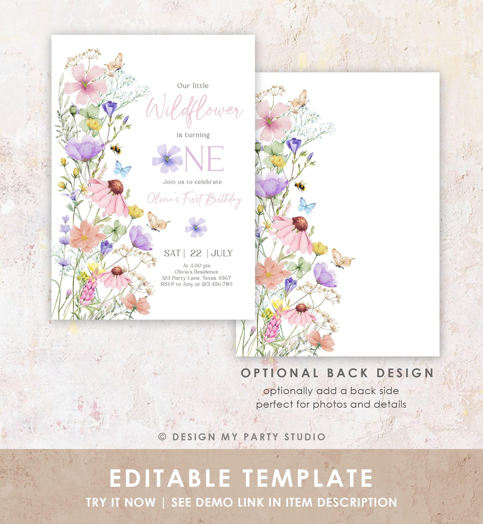 Editable Wildflowers Birthday Invitation Floral 1st Birthday Party Invite Garden Birthday Girl Digital Download Template Printable 0543