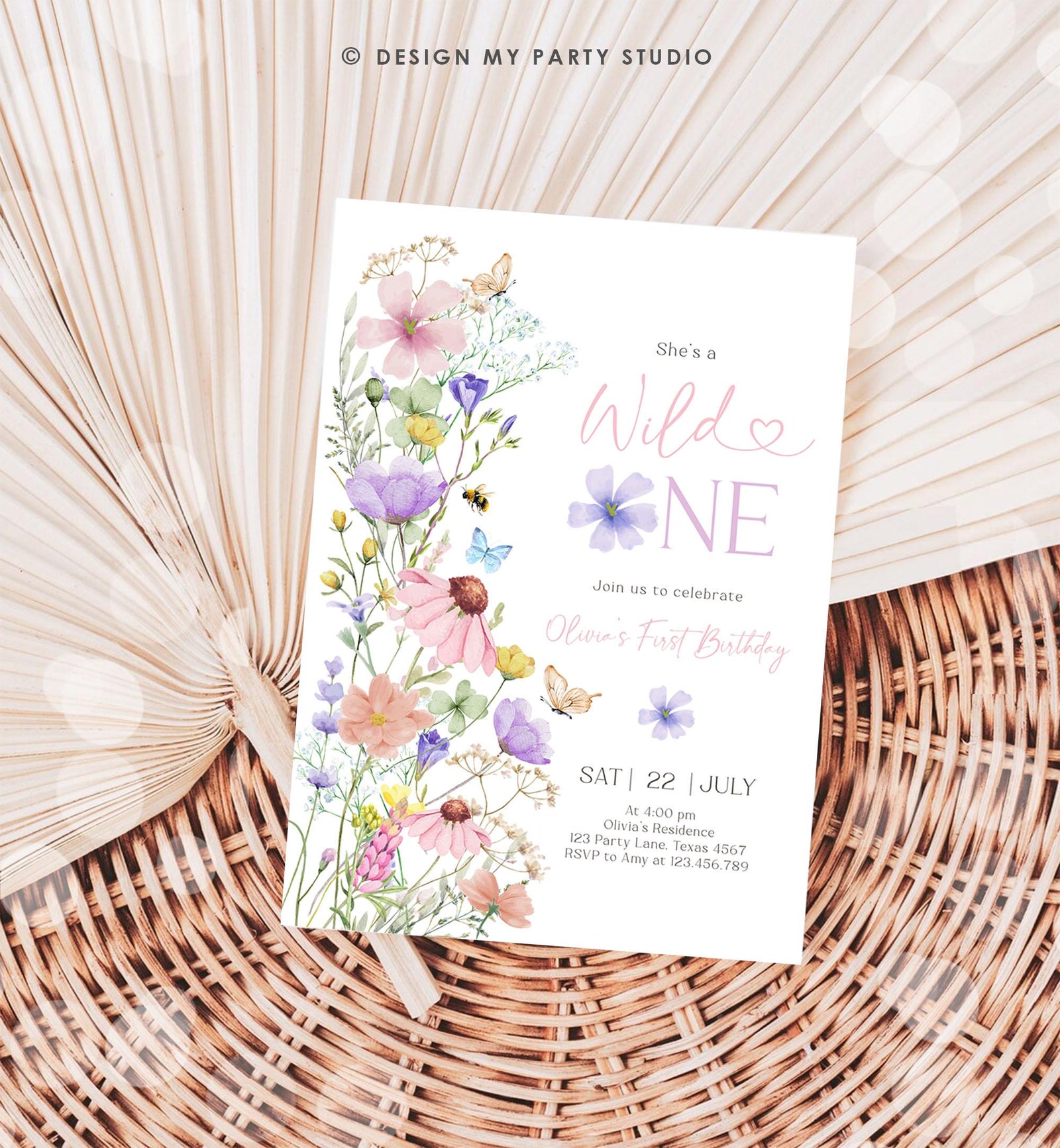 Editable Wildflower Wild One Birthday Invitation Floral 1st Birthday Daisy Butterfly Meadow Girl Digital Download Template Printable 0543