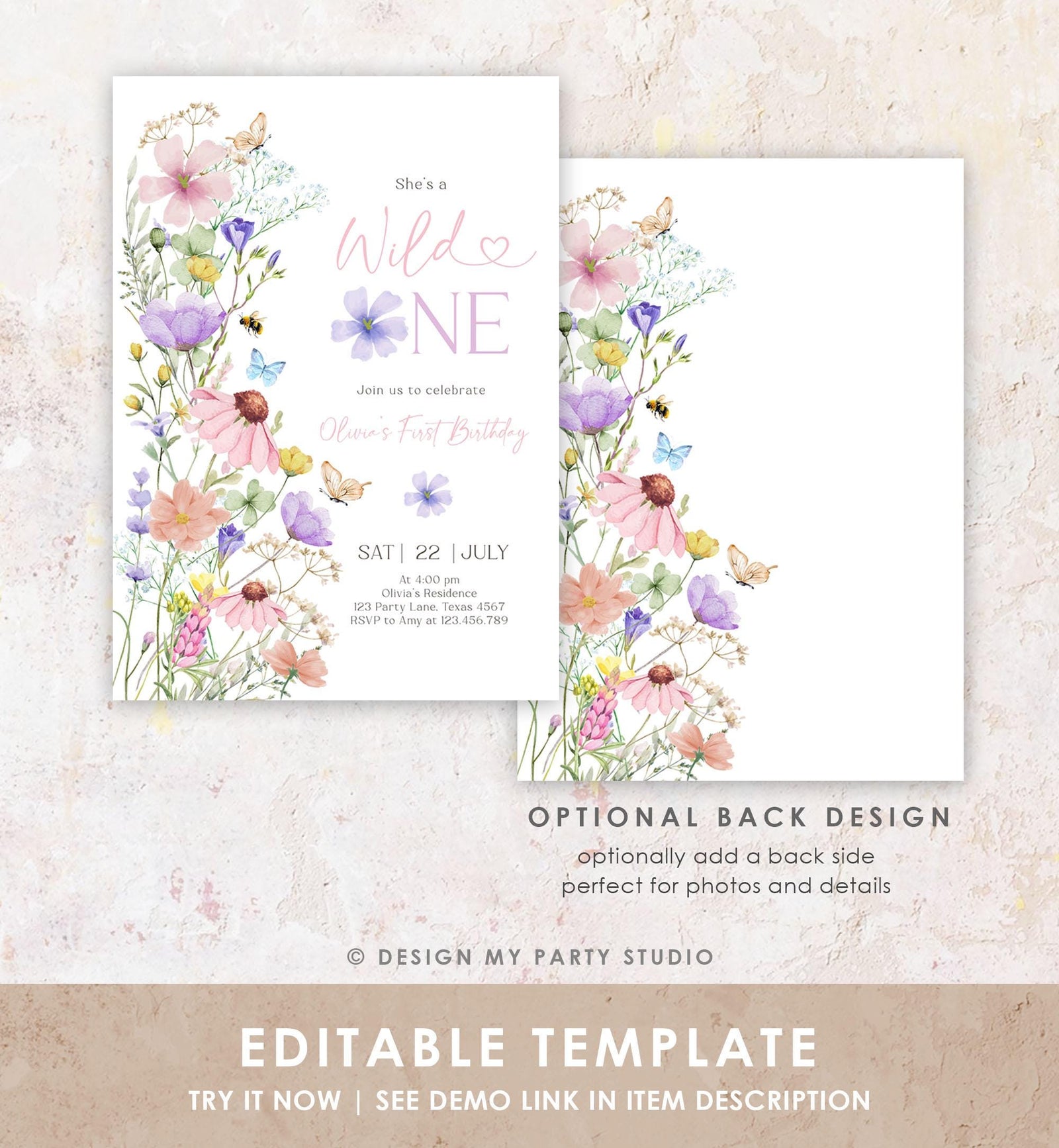 Editable Wildflower Wild One Birthday Invitation Floral 1st Birthday Daisy Butterfly Meadow Girl Digital Download Template Printable 0543