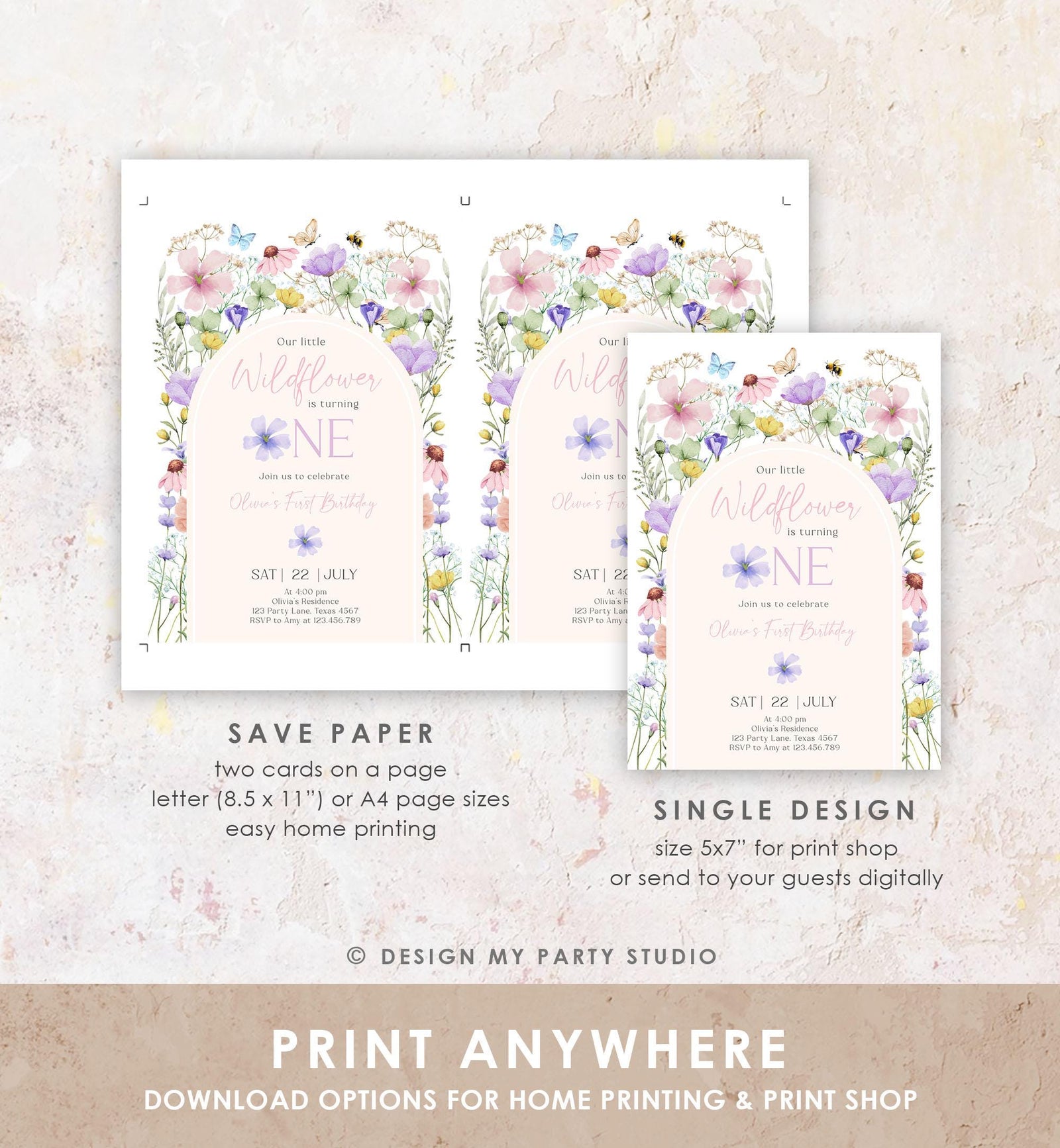 Editable Wildflowers Birthday Invitation Floral 1st Birthday Party Invite Garden Birthday Girl Digital Download Template Printable 0543