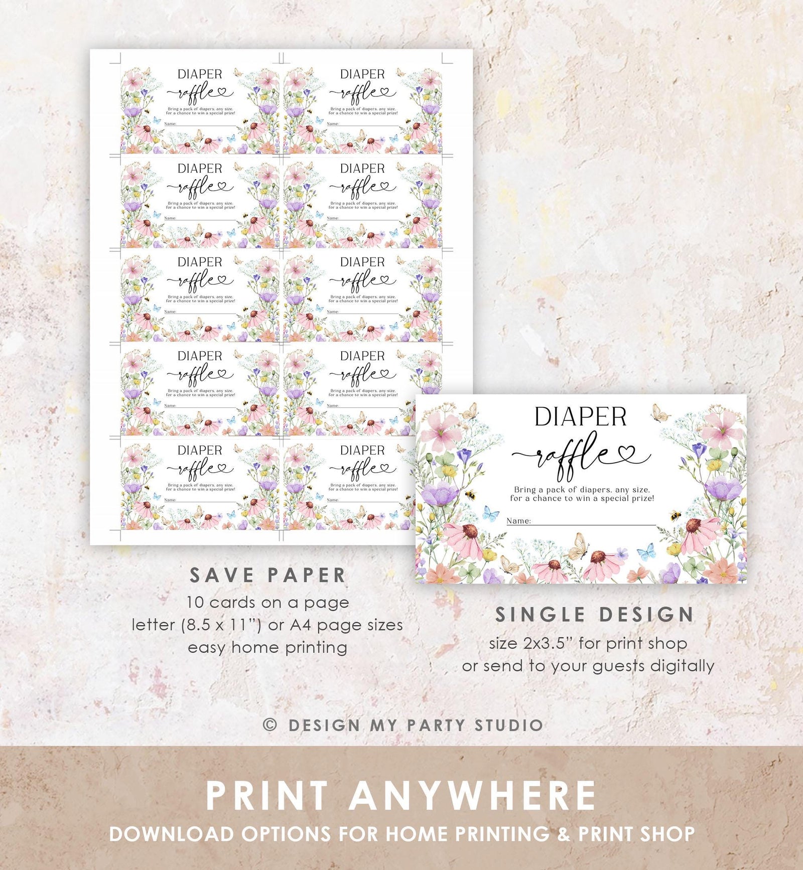 Editable Baby in Bloom Diaper Raffle Ticket Bloom Baby Shower Wildflowers Diaper Game Spring Diaper Ticket Digital Template Printable 0543