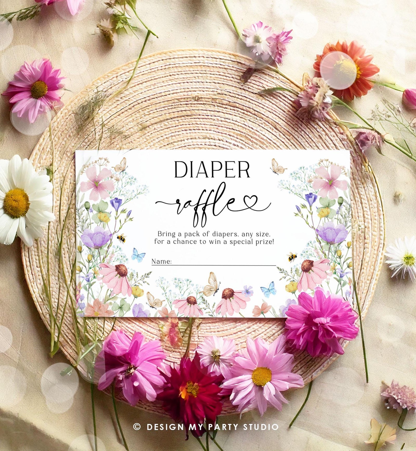 Editable Baby in Bloom Diaper Raffle Ticket Bloom Baby Shower Wildflowers Diaper Game Spring Diaper Ticket Digital Template Printable 0543
