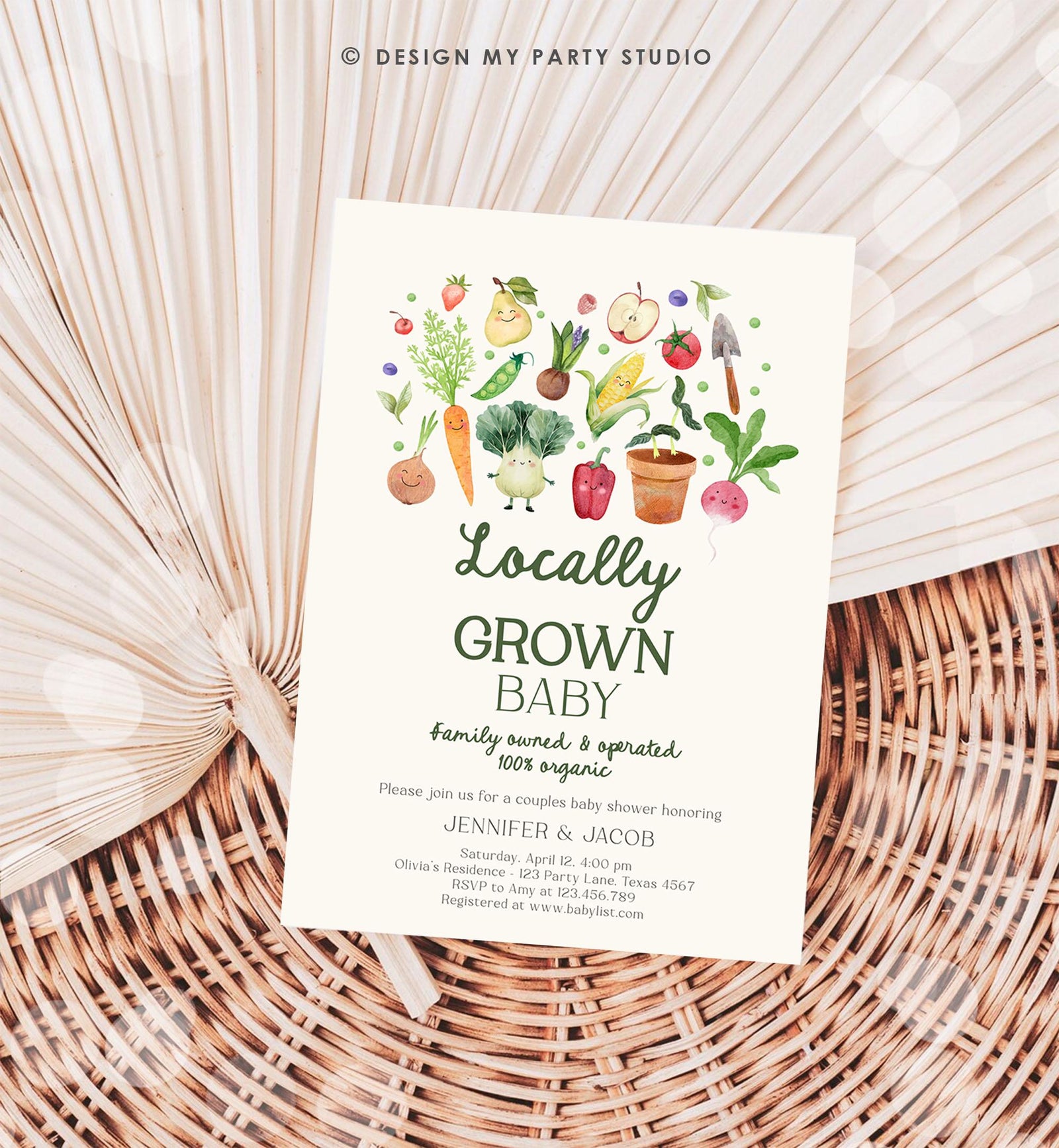 Editable Locally Grown Baby Shower Invitation Farmers Market Fruits and Veggies Vegetable Digital Download Evite Template Printable 0544