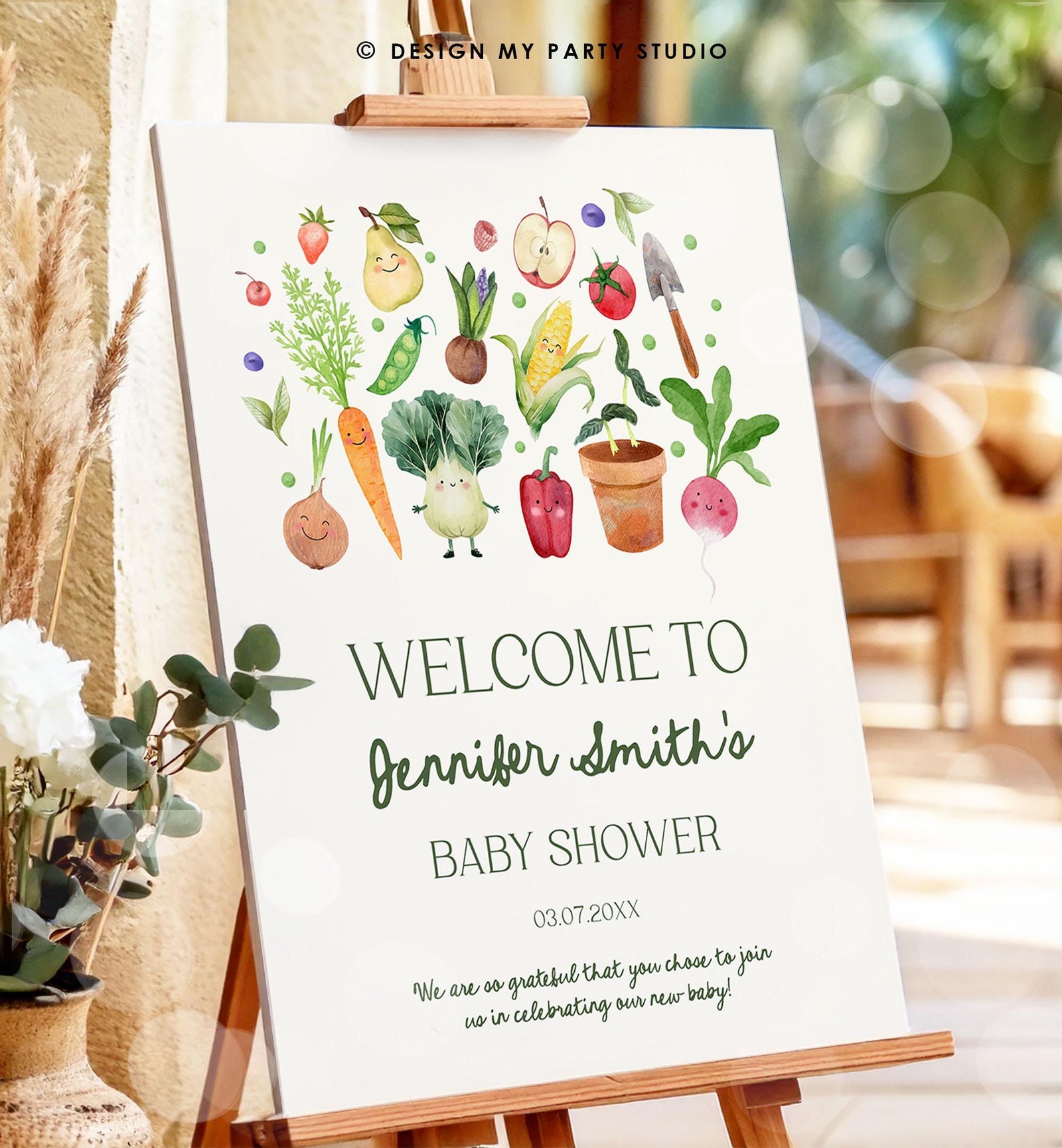Editable Locally Grown Baby Shower Welcome Sign Farmers Market Fruit Vegetable Market Little Sprout Garden Download Template Printable 0544