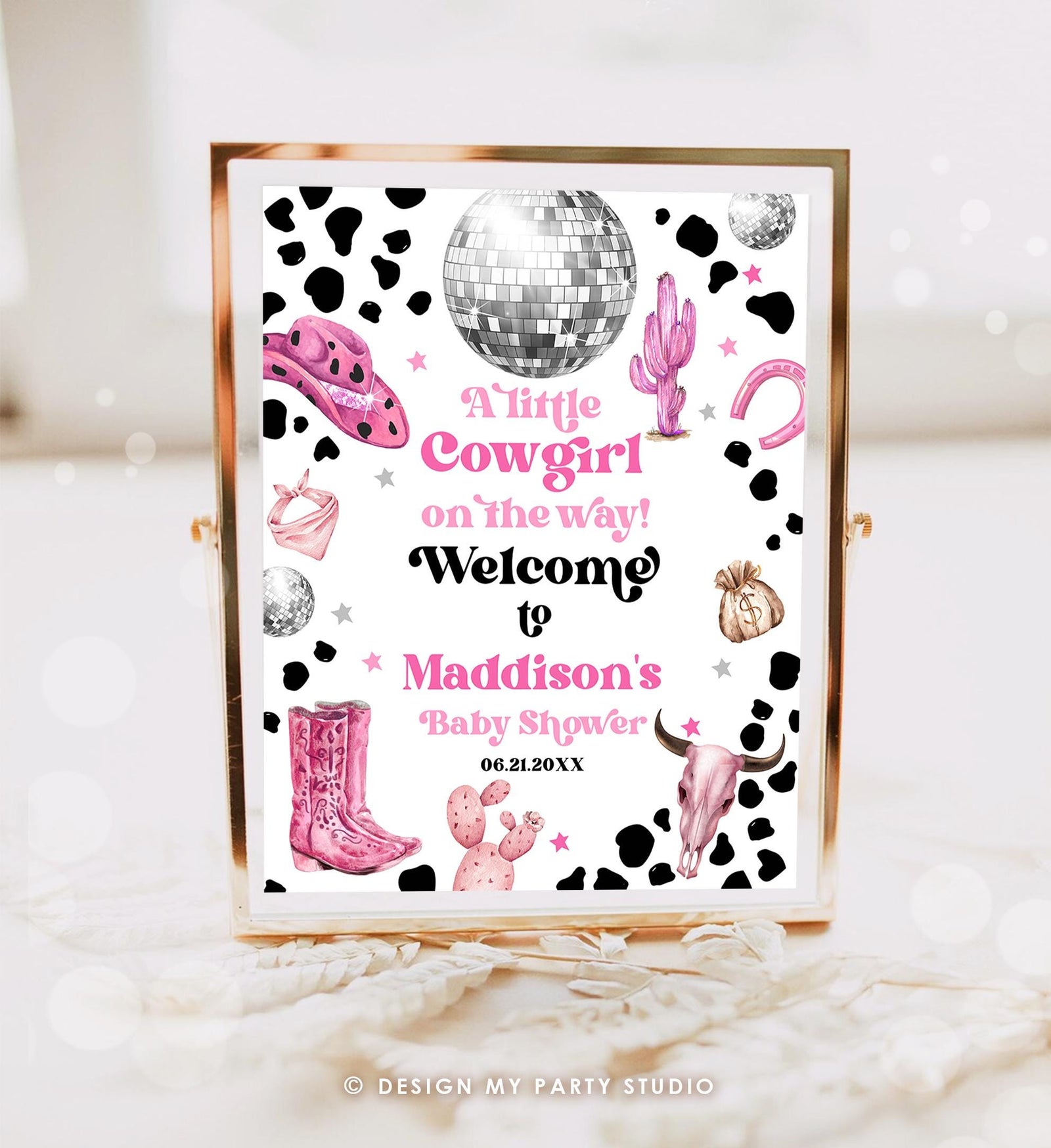 Editable Space Cowgirl Welcome Sign Disco Cowgirl Baby Shower Little Cowgirl on the Way Wild West Rodeo Digital Template Printable 0455