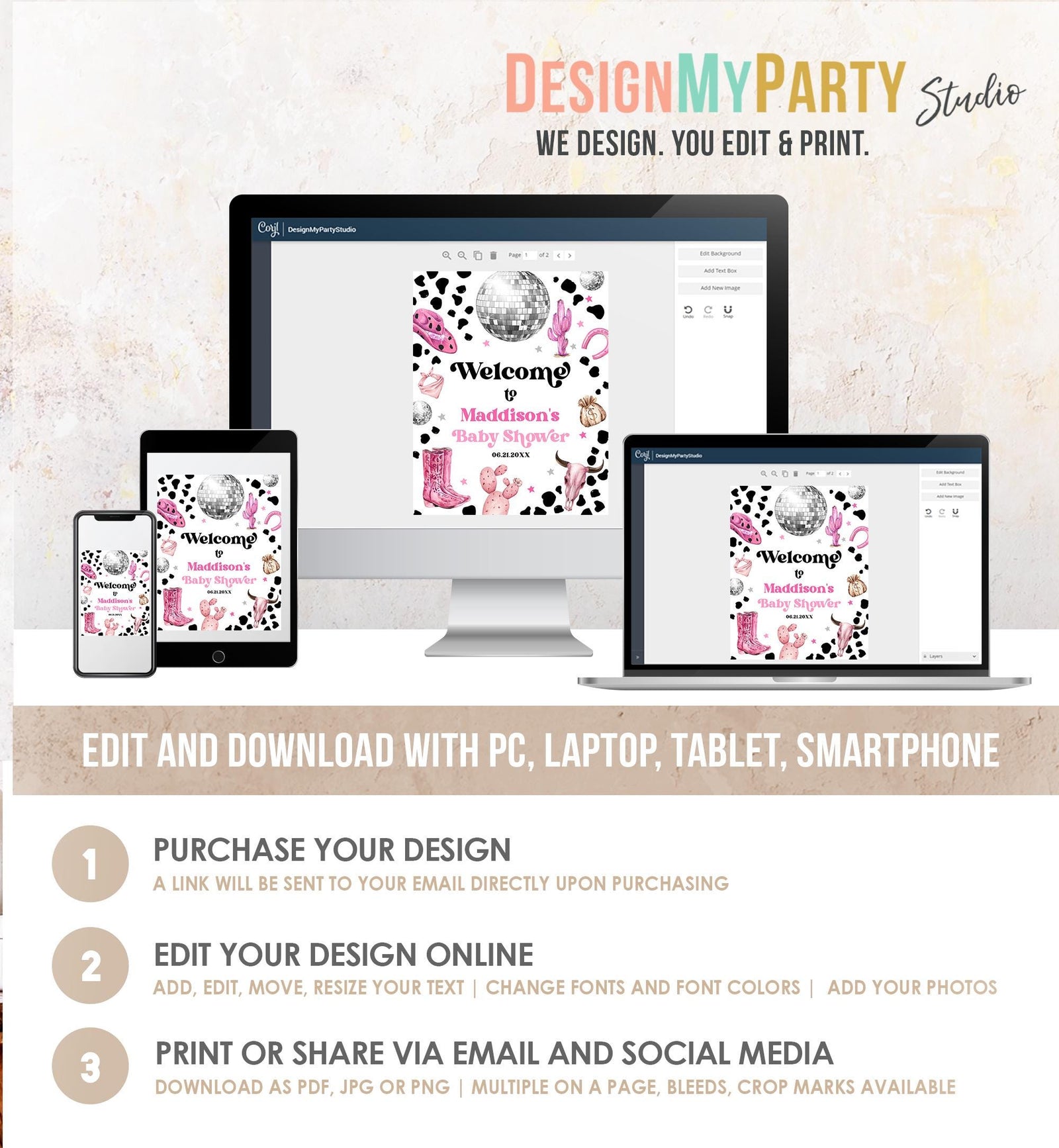 Editable Space Cowgirl Welcome Sign Disco Cowgirl Baby Shower Little Cowgirl on the Way Wild West Rodeo Digital Template Printable 0455