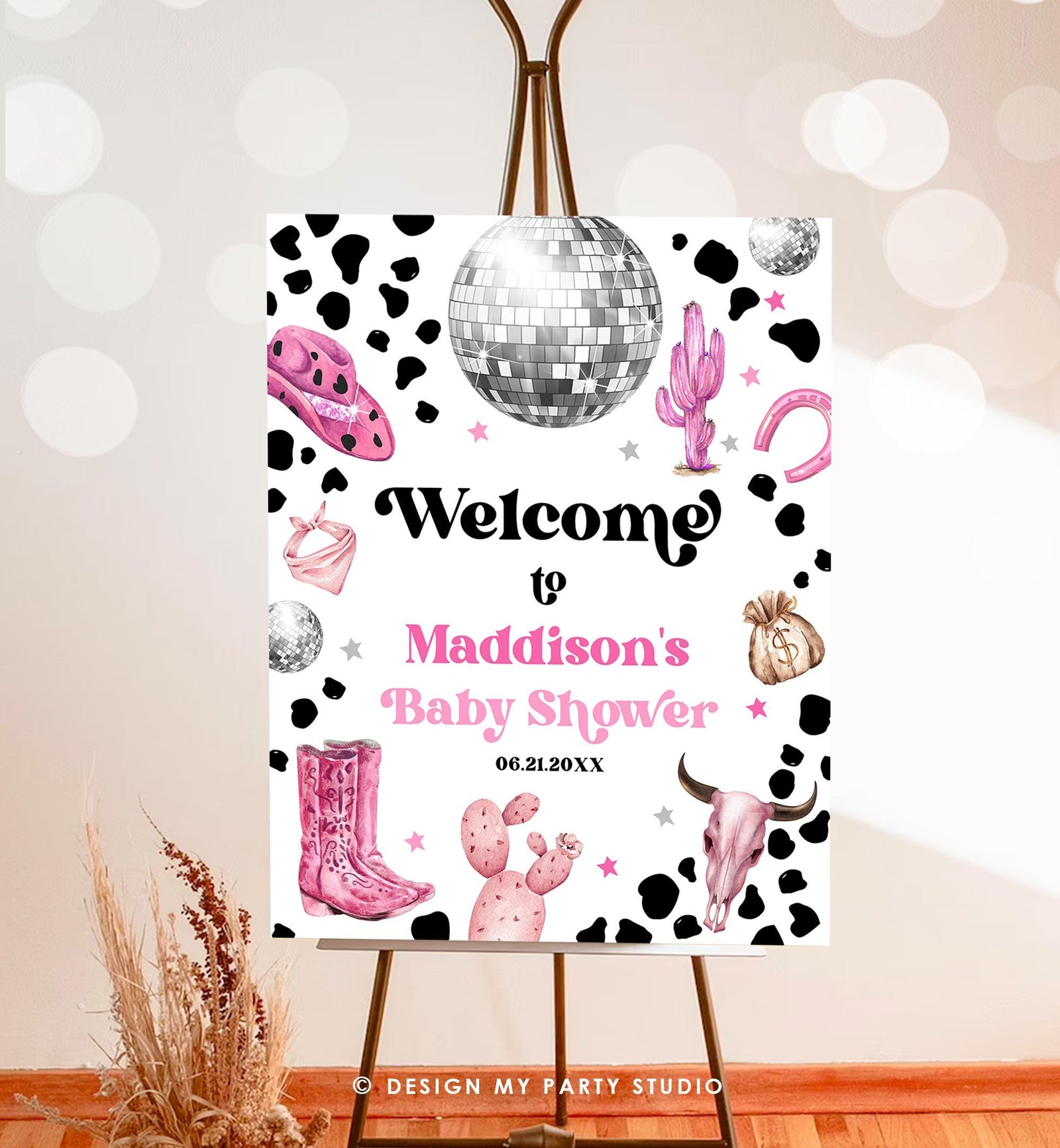 Editable Space Cowgirl Welcome Sign Disco Cowgirl Baby Shower Little Cowgirl on the Way Wild West Rodeo Digital Template Printable 0455