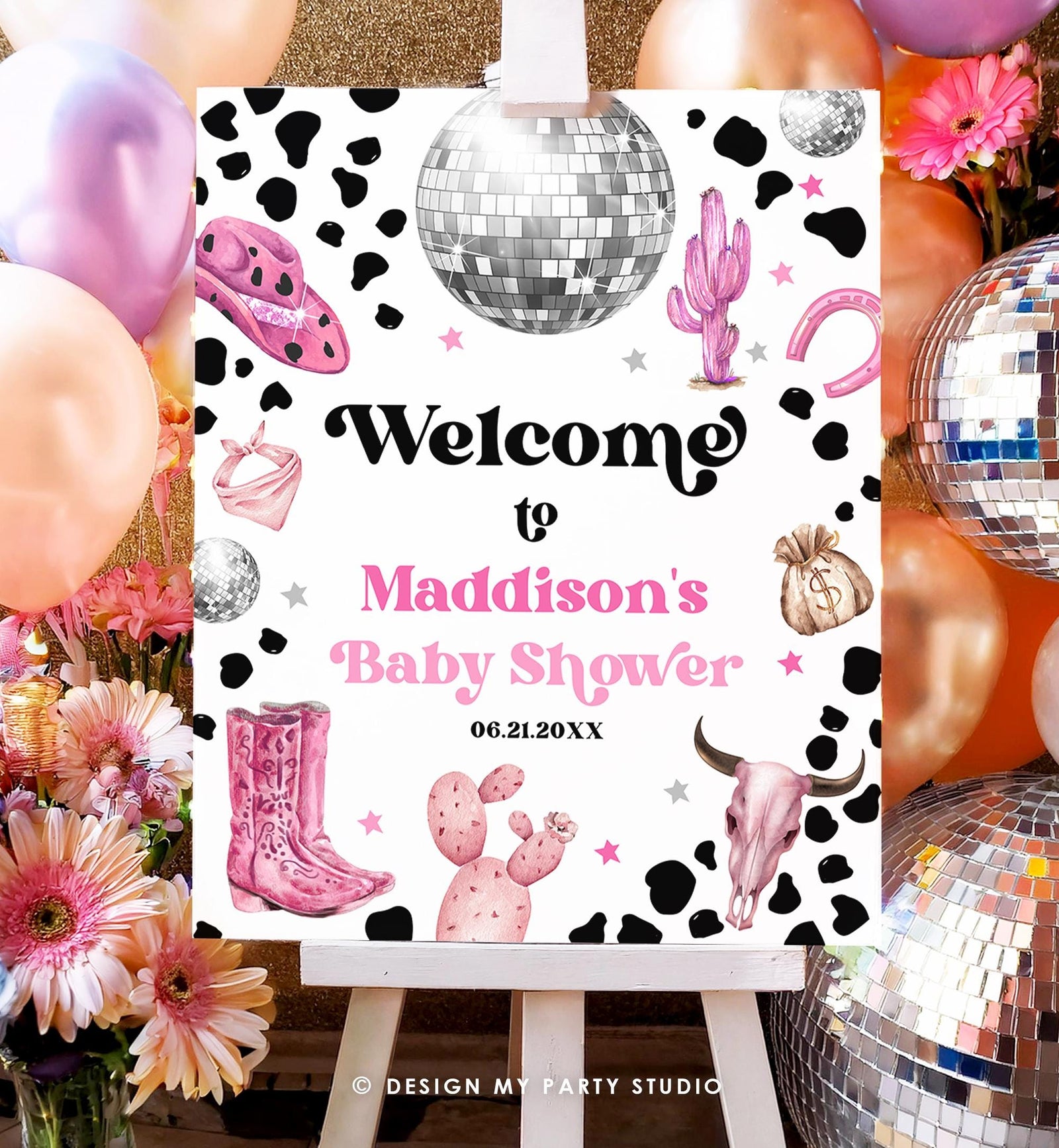 Editable Space Cowgirl Welcome Sign Disco Cowgirl Baby Shower Little Cowgirl on the Way Wild West Rodeo Digital Template Printable 0455