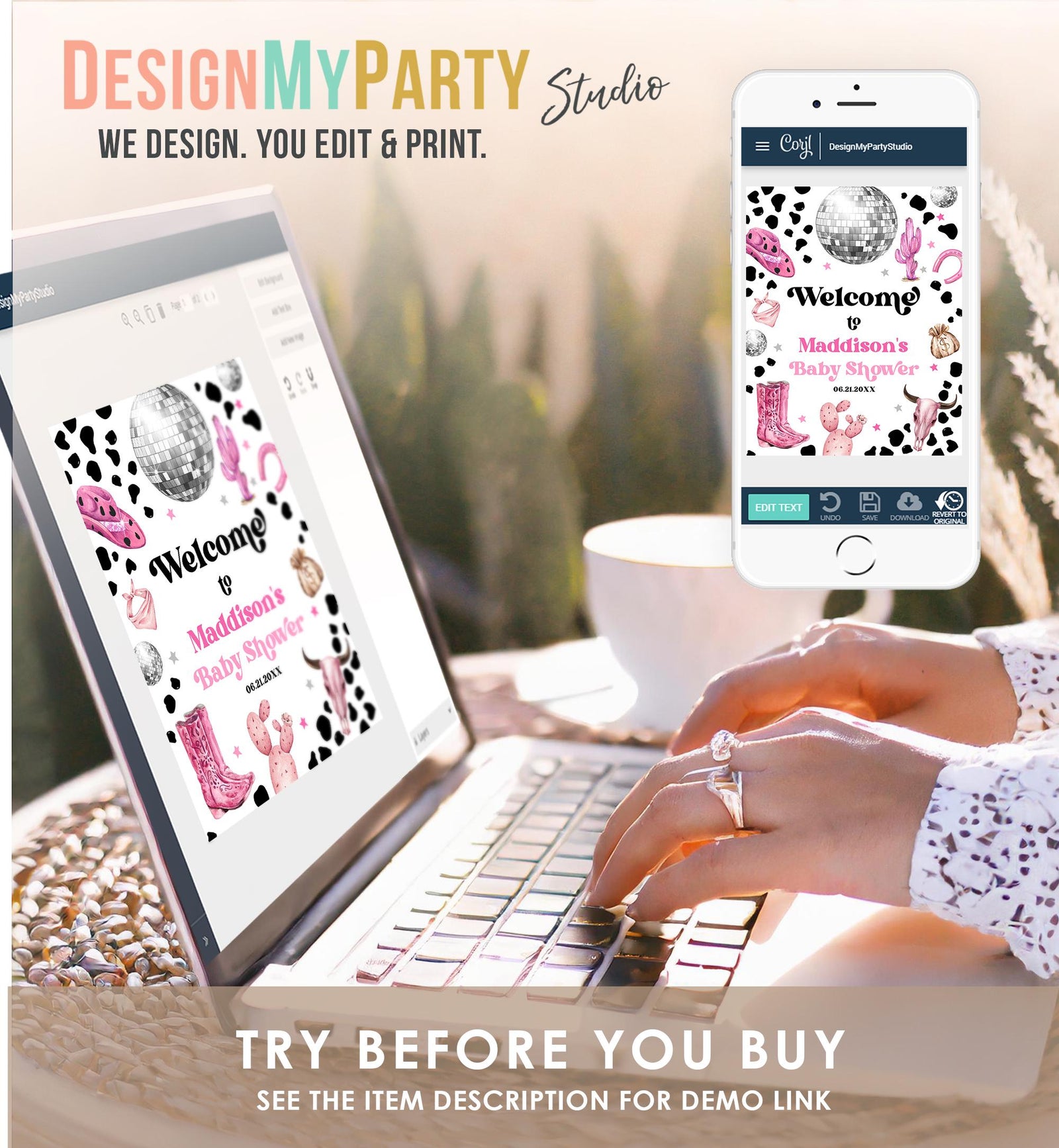 Editable Space Cowgirl Welcome Sign Disco Cowgirl Baby Shower Little Cowgirl on the Way Wild West Rodeo Digital Template Printable 0455