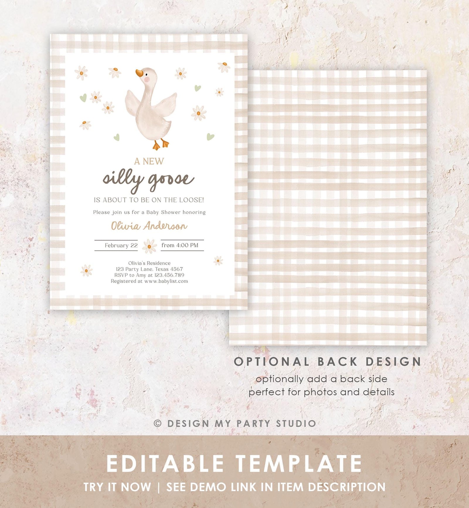 Editable Silly Goose Baby Shower Invitation Neutral Spring Shower Party Farm Daisy Gingham Boy Girl Digital Download Template Printable 0540