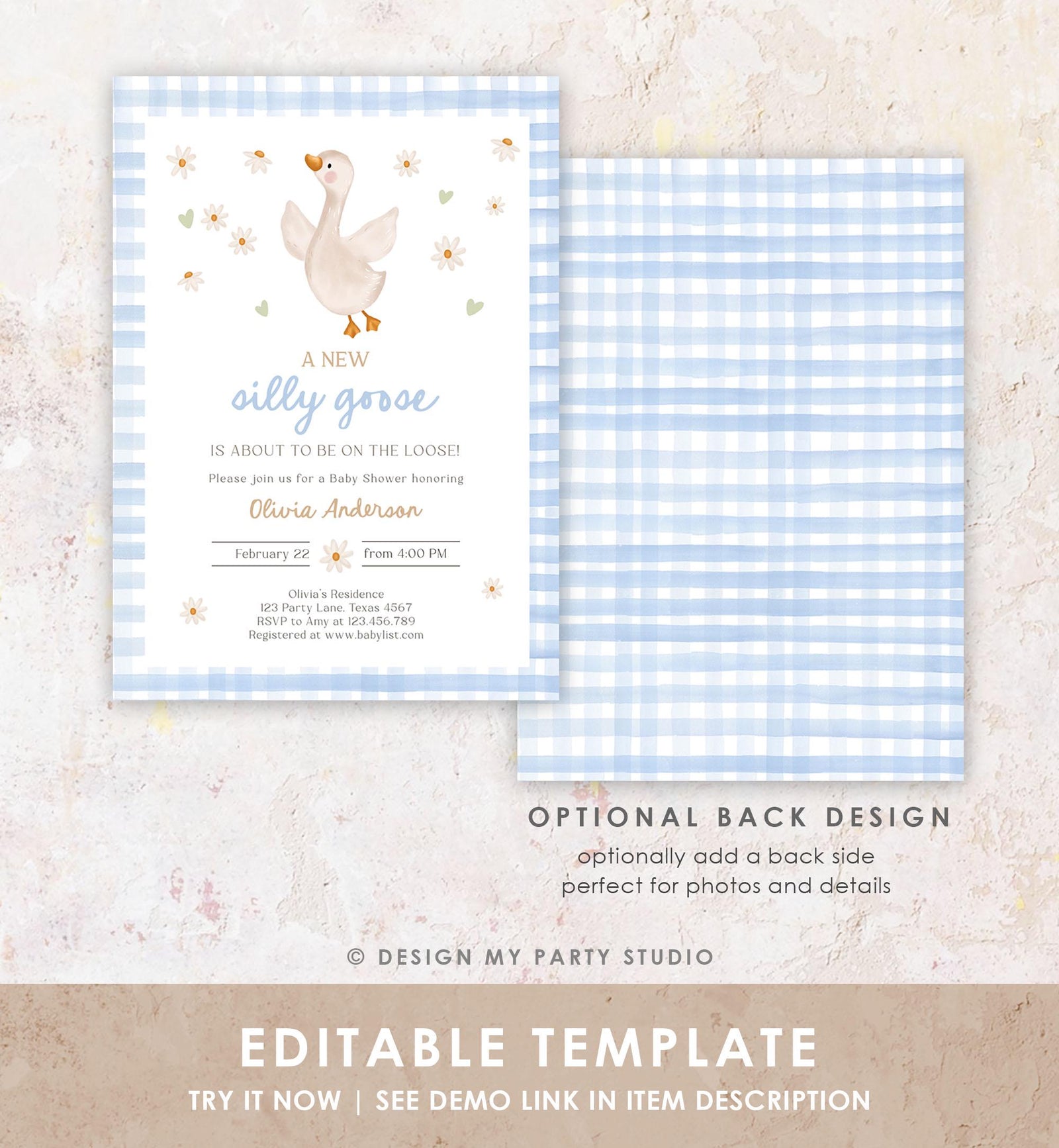 Editable Silly Goose Baby Shower Invitation Boy Spring Shower Party Farm Geese Daisy Gingham Blue Digital Download Template Printable 0540