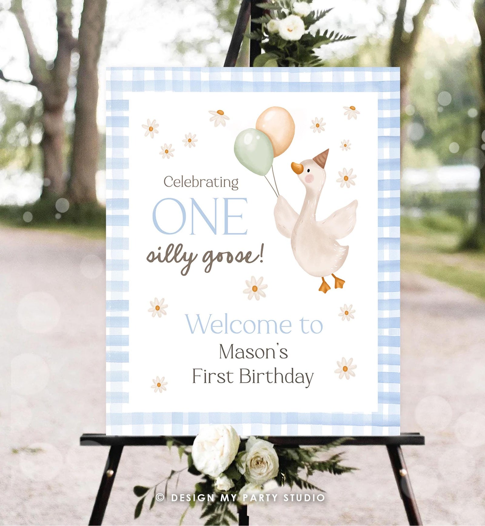 Editable One Silly Goose Birthday Welcome Sign Blue Boy Goose Birthday Decor 1st First Welcome Poster Editable Template Printable 0540