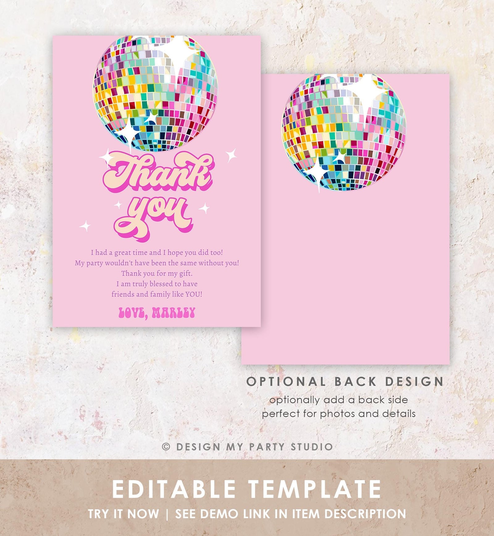 Editable Disco Party Thank You Card Let's Disco Ball Retro Groovy Birthday Shower 70s Adult Party Digital Download Template Printable 0501