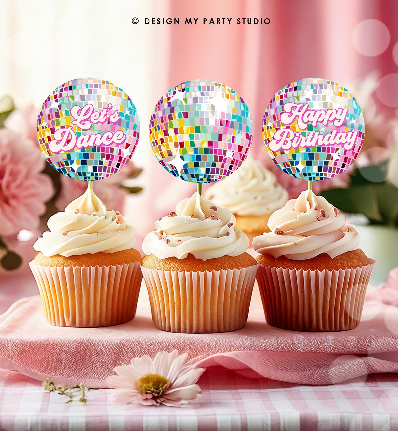 Disco Cupcake Toppers Let's Disco Girl Pink Birthday Shower Sticker Favor Tag Retro Groovy Adult 70s Party Digital Download Printable 0501