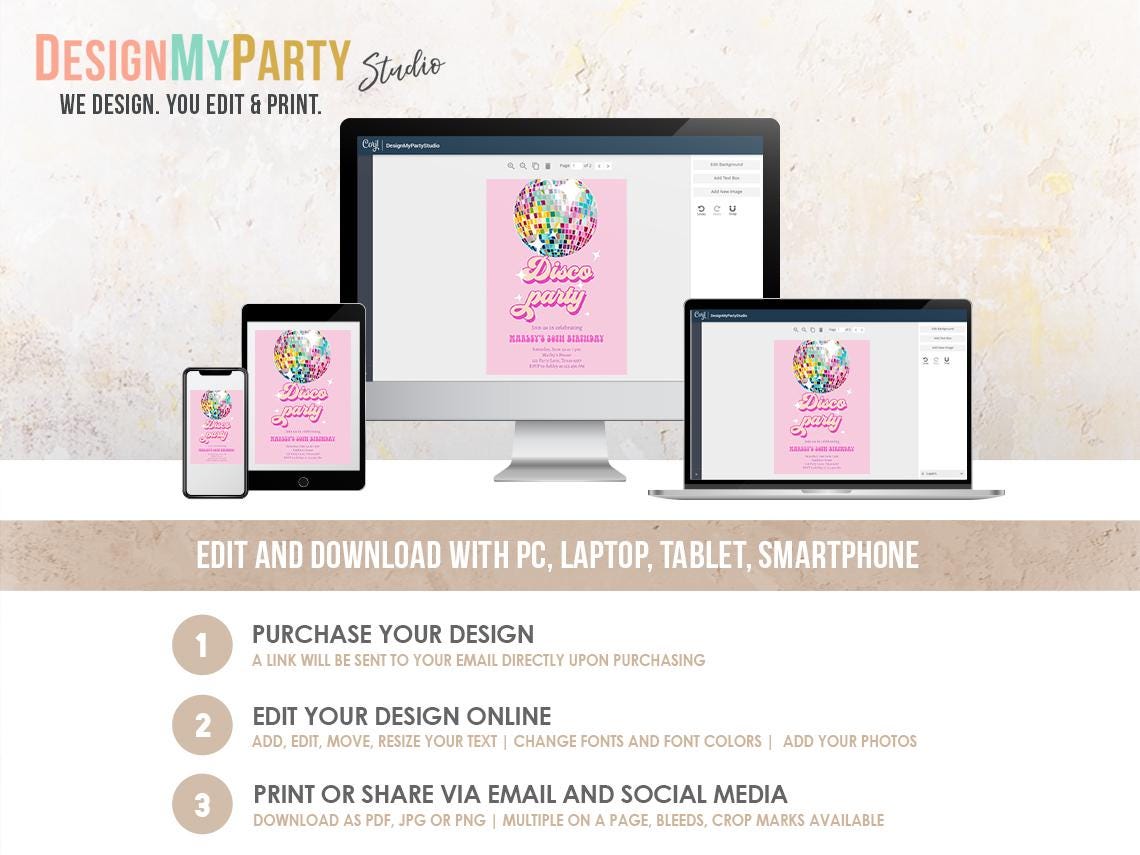 Disco Birthday Invitation Bundle ANY AGE Let's Disco Ball Retro Groovy 70s Party Girl Pink Flower Power Digital Template Printable 0501