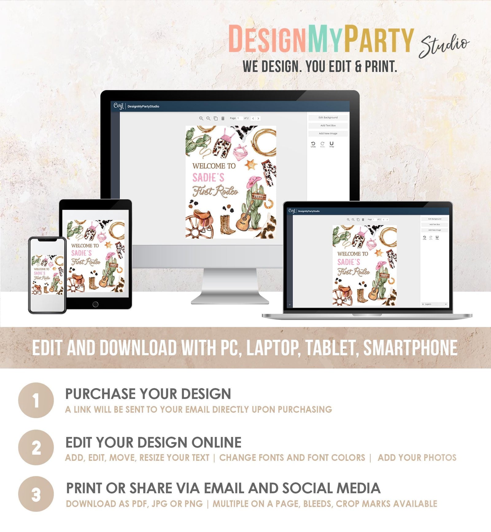 Editable Rodeo Birthday Welcome Sign Disco Birthday Girl Pink Birthday Decor Cowgirl Country Wild West Digital Template Printable 0509