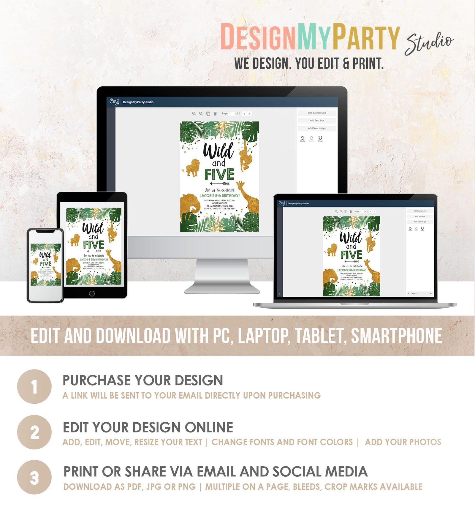 Editable Wild and Five Birthday Invitation Safari Animals Party Animals Boy Third Birthday 5th Bday Digital Evite Template Printable 0016