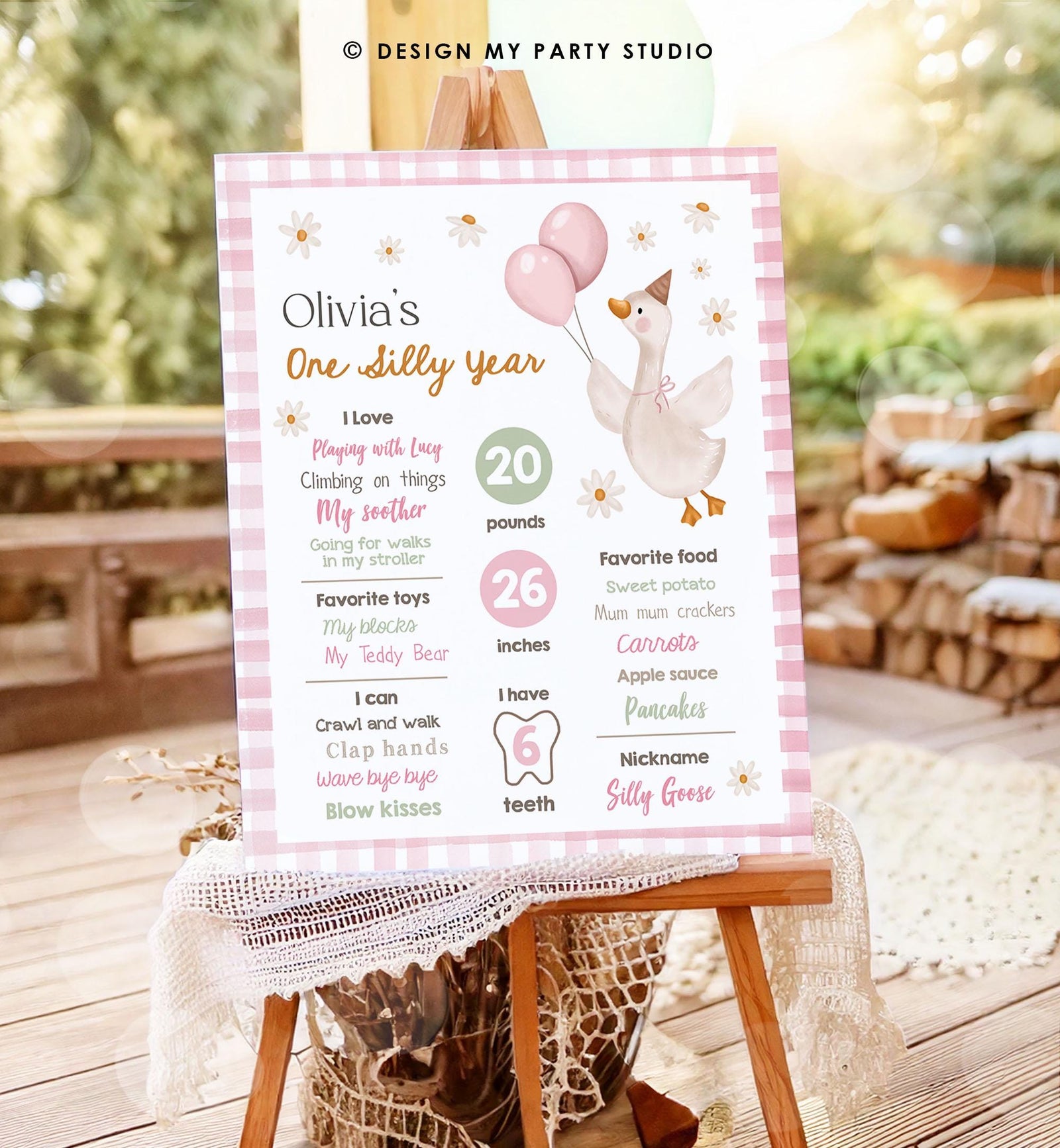 Editable One Silly Goose Birthday Milestone Sign Goose 1st Birthday Pink Girl First Year Stats Poster Farm Digital Template Printable 0540