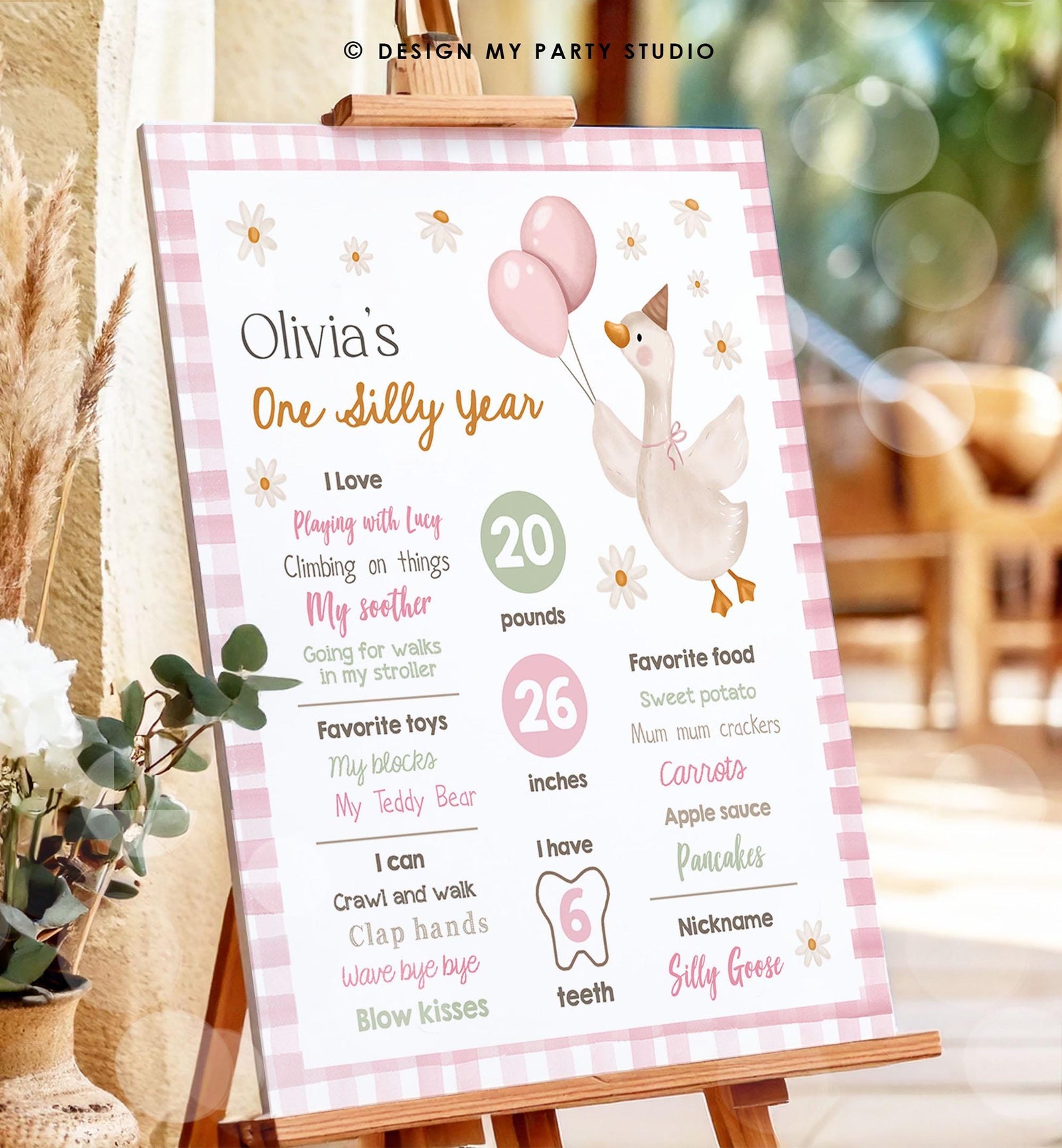 Editable One Silly Goose Birthday Milestone Sign Goose 1st Birthday Pink Girl First Year Stats Poster Farm Digital Template Printable 0540