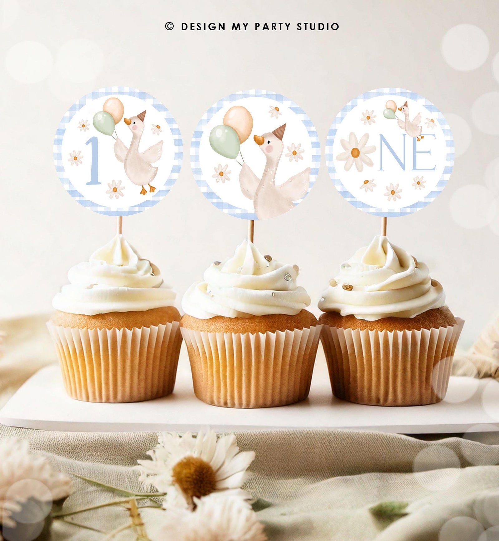 One Silly Goose Cupcake Toppers Goose Favor Tags Goose Birthday Party Decoration Farm Barnyard Boy Blue Digital Download Printable 0540