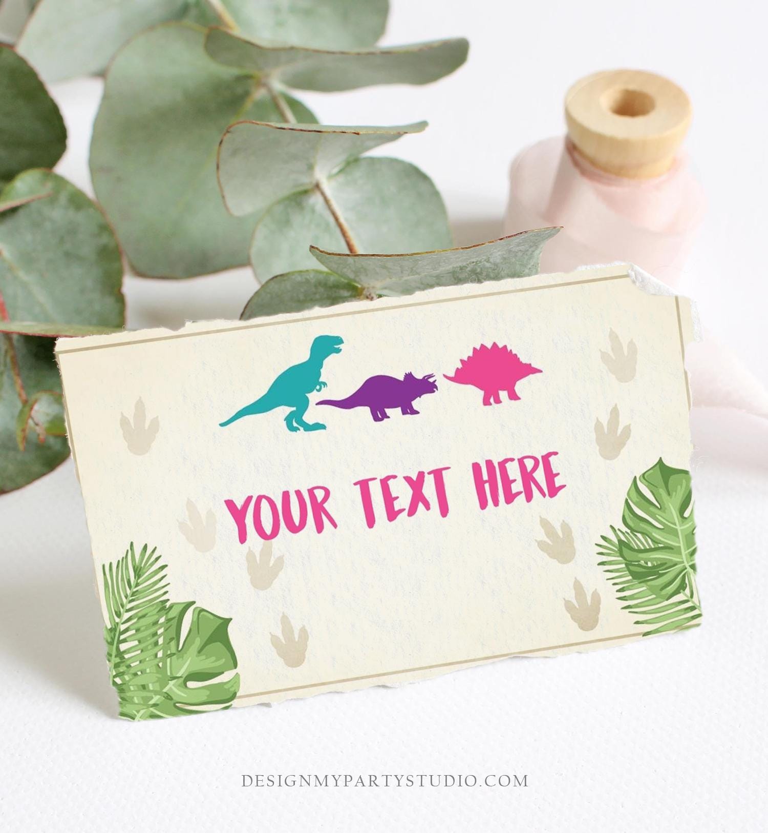 Editable Dinosaur Food Labels Dinosaur Party Place Card Tent Card Insert Dino Birthday Girl Pink T-Rex Prehistoric Template Printable 0043