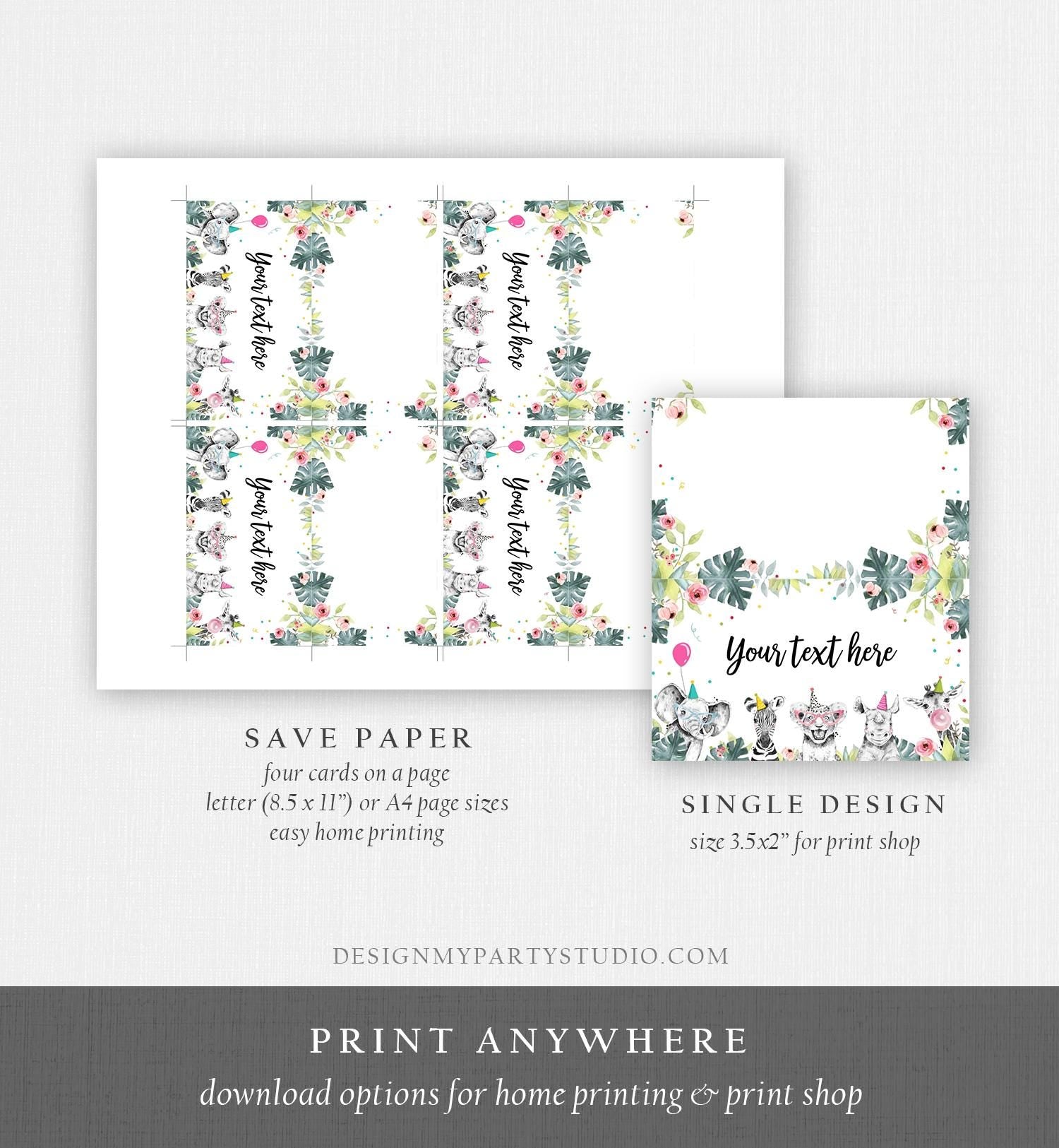 Editable Party Animals Food Label Wild One Girl Safari Animals Birthday Place Card Tent Insert Digital Download Template Printable 0322