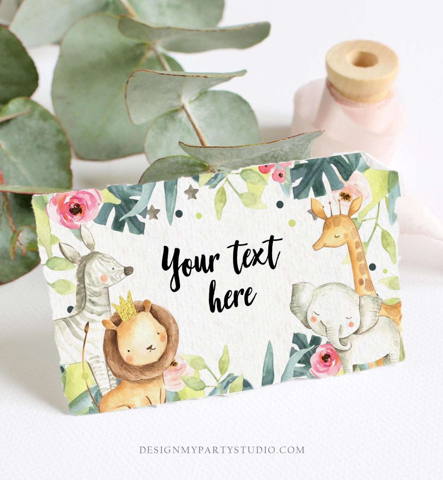 Editable Safari Food Label Wild One Party Animals Place Card Tent Card Insert Card Pink Gold Birthday Girl Digital Template Printable 0163