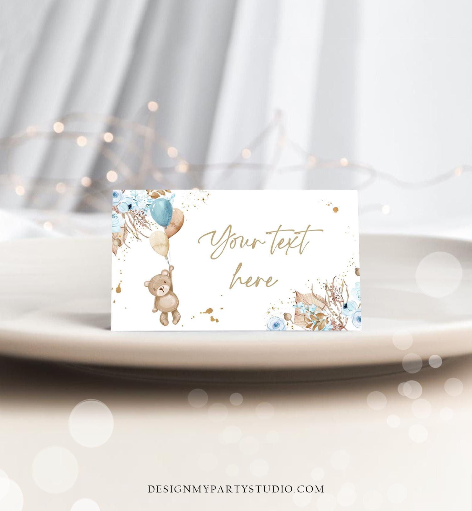 Editable Food Labels Boho Teddy Bear Baby Shower Place Card Tent Insert Pink Boy Pampas Grass Bearly Wait Digital Template Printable 0421