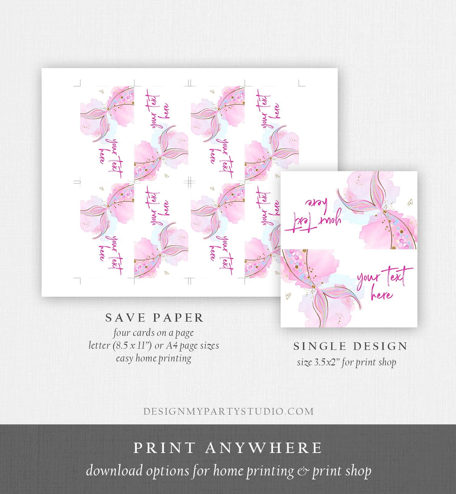 Editable Mermaid Food Labels Mermaid Birthday Place Card Tent Card Insert Card Girl Pink Gold Under The Sea Digital Template Printable 0403