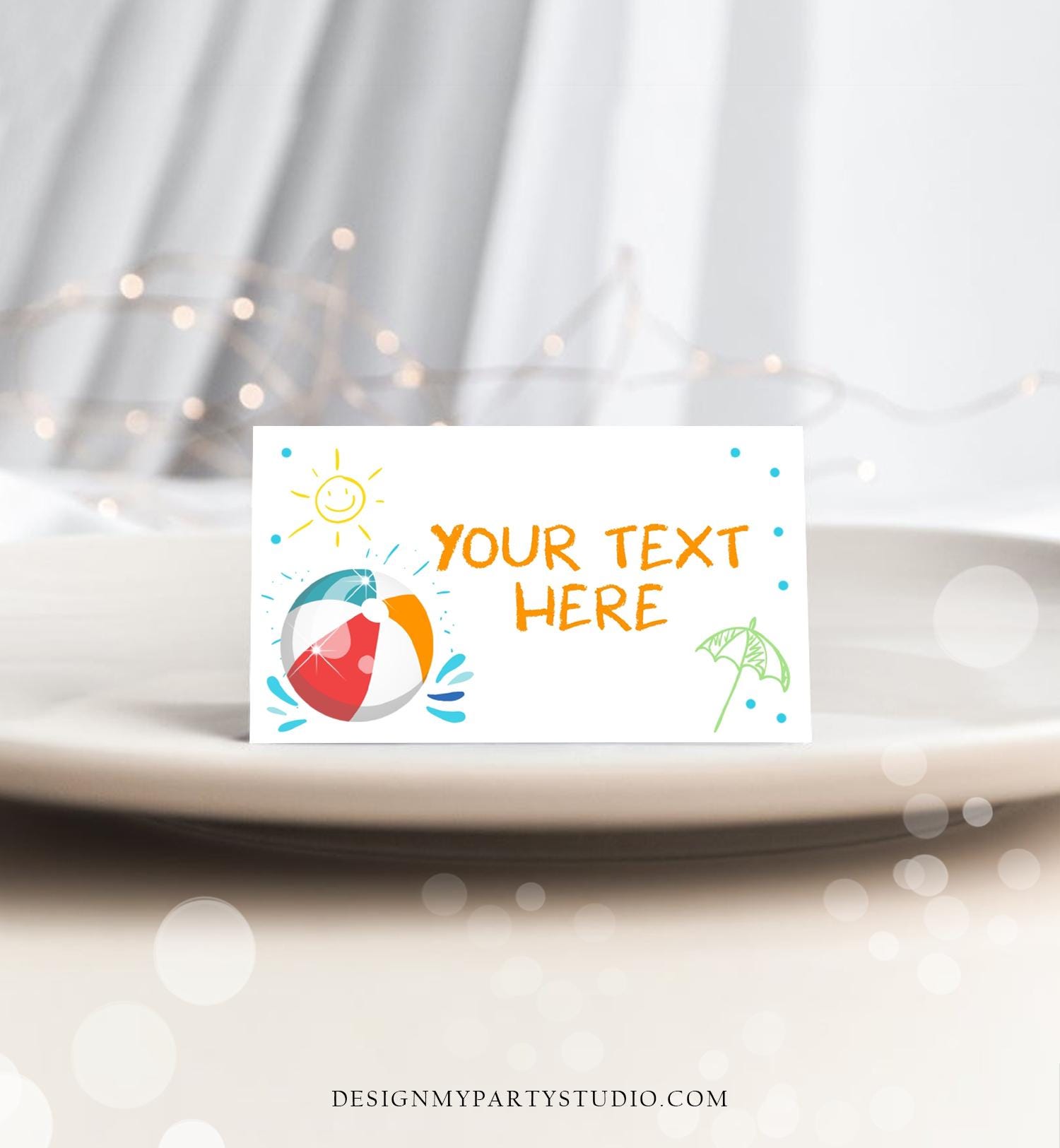 Editable Food Label Pool Party Splish Splash Boy Birthday Bash Food Labels Place Card Tent Insert Card Beach Ball Template Printable 0169