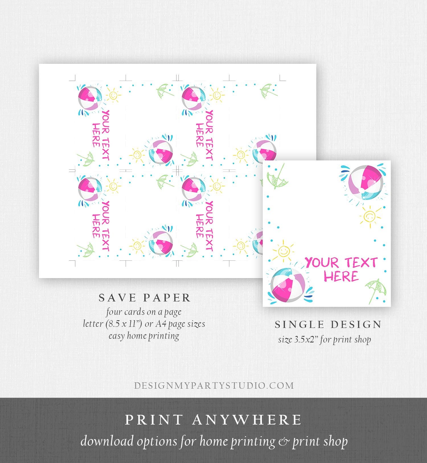 Editable Food Label Pool Party Splish Splash Boy Birthday Bash Food Labels Place Card Tent Card Insert Card Beach Template Printable 0169