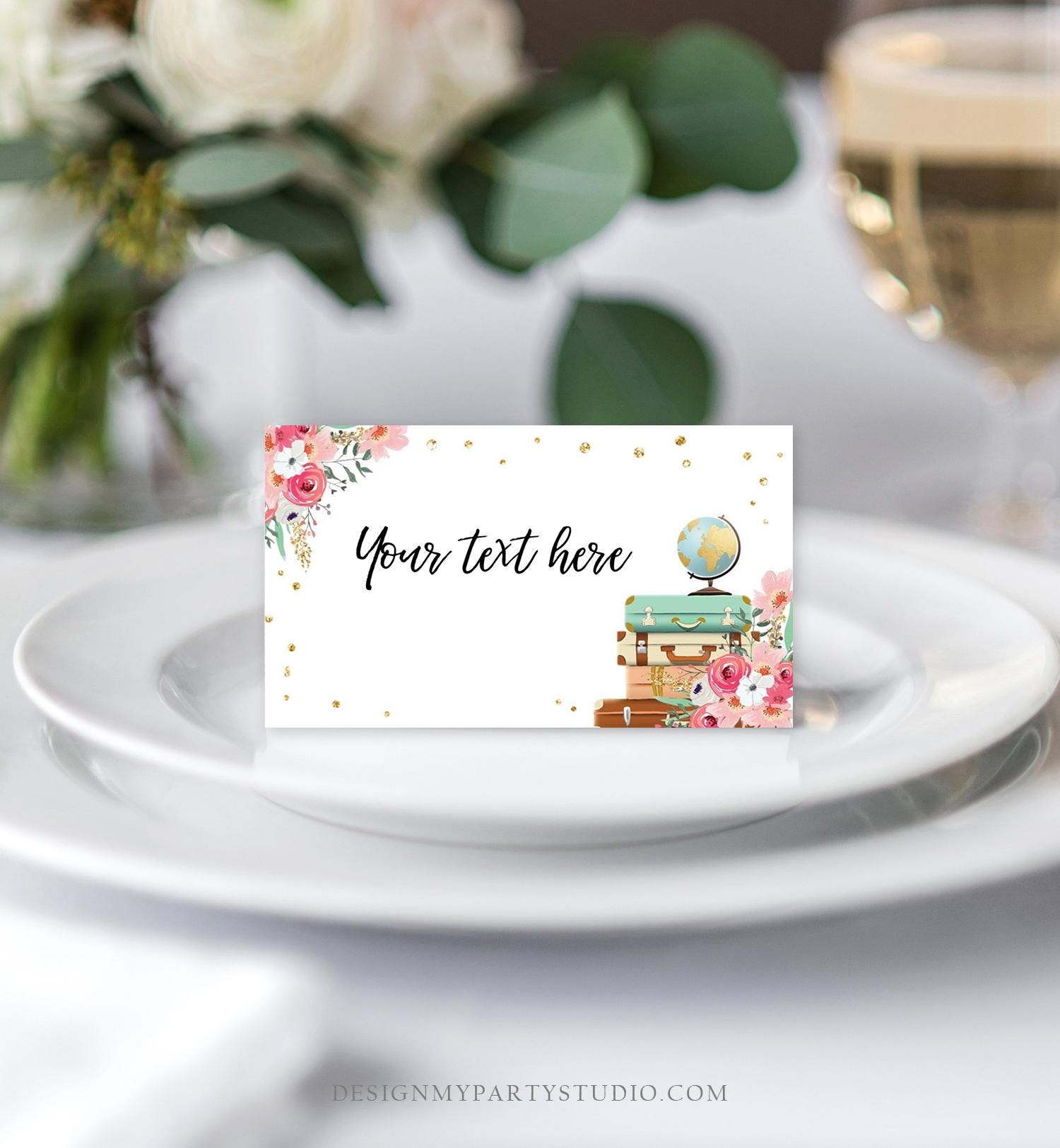Editable Travel Adventure Food Label Place Card Traveling to Mrs Tent Card Insert Bridal Shower Pink Floral Digital Template Printable 0030