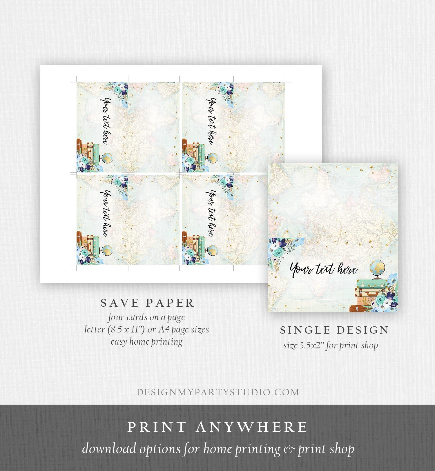 Editable Travel Adventure Food Label Place Card Tent Card Insert Bridal Shower Blue Floral Gold Digital Download Template Printable 0030