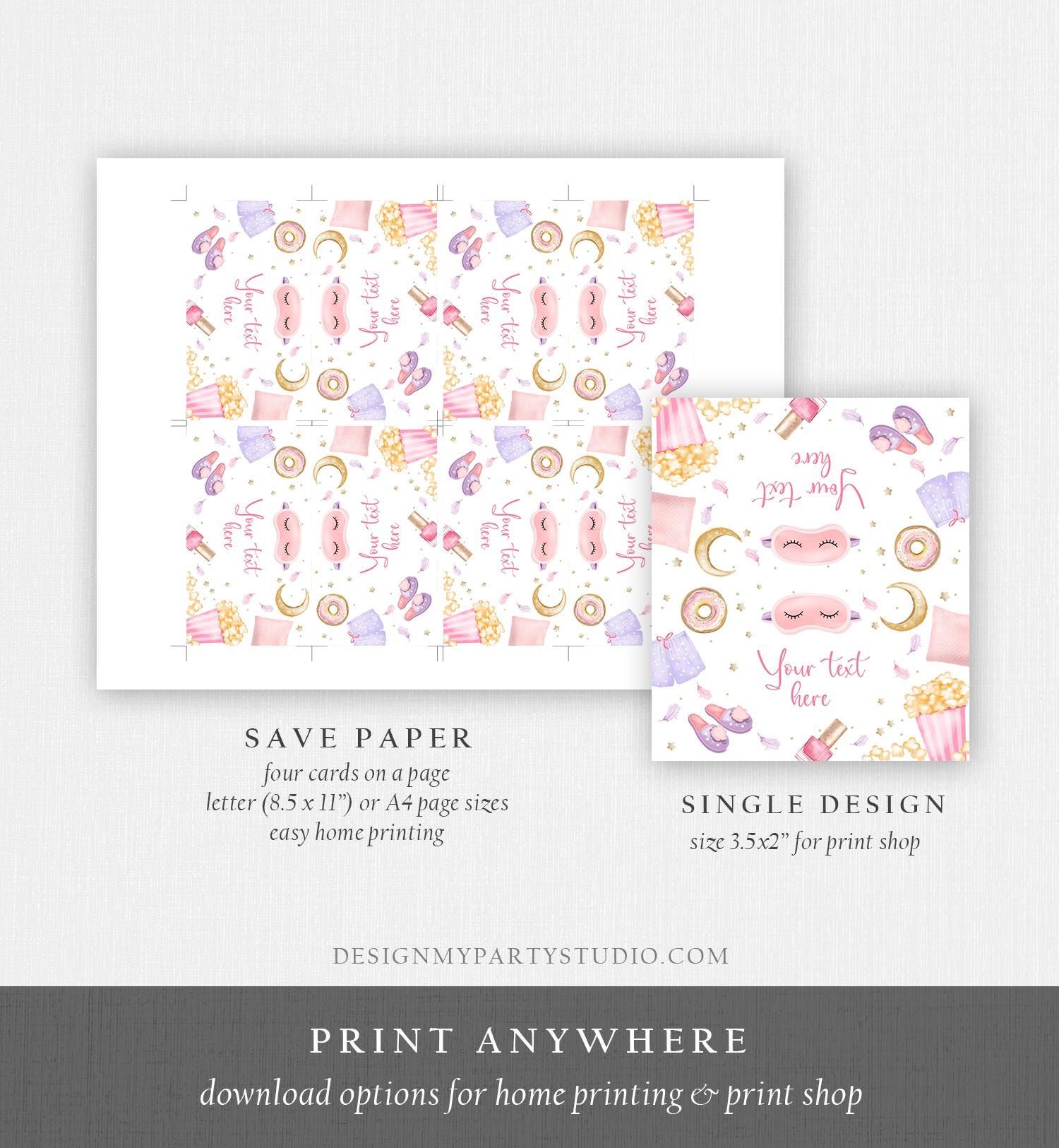 Editable Sleepover Food Label Slumber Party Place Tent Card Sleep Over Pizza Pajamas Digital Download Template Printable 0447